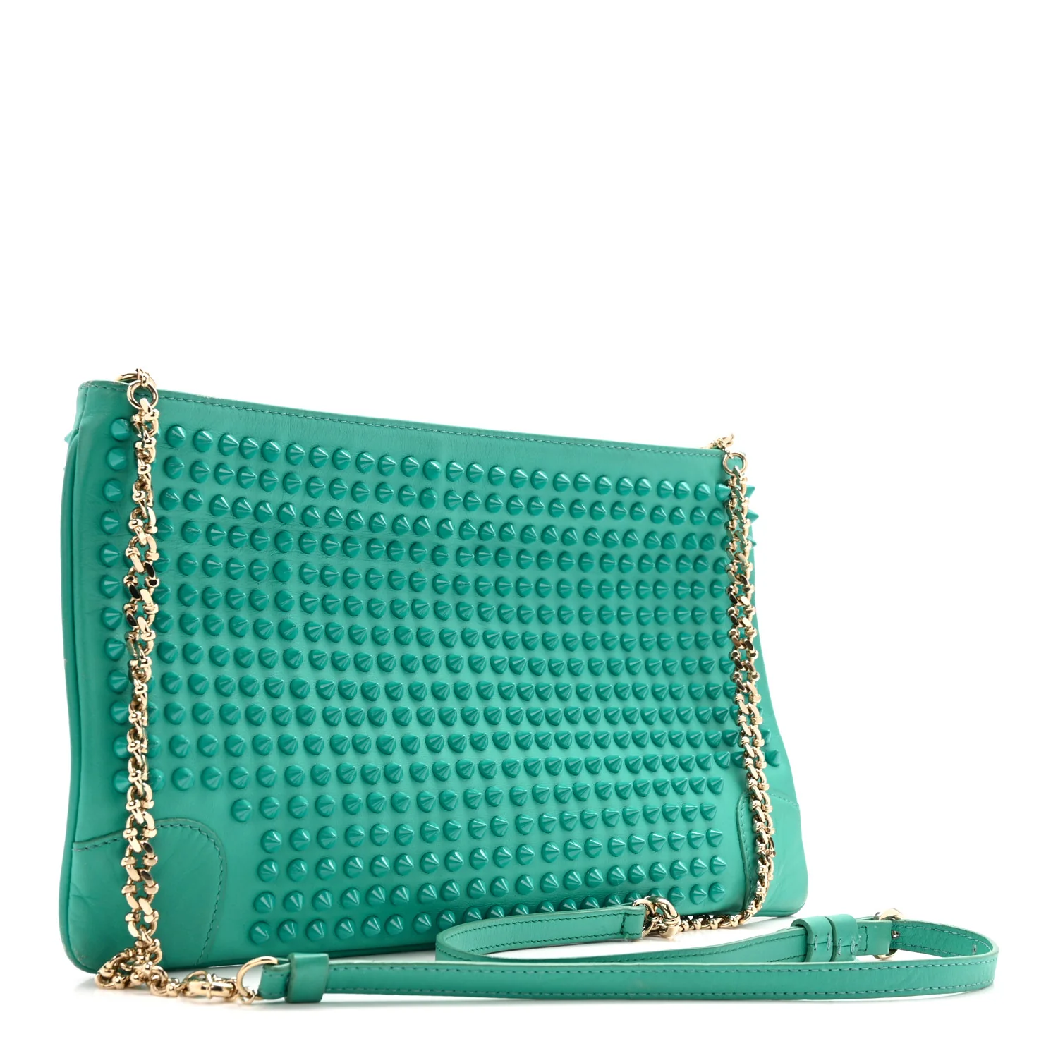 Calfskin Spikes Loubiposh Chain Clutch Turquoise - Image 3