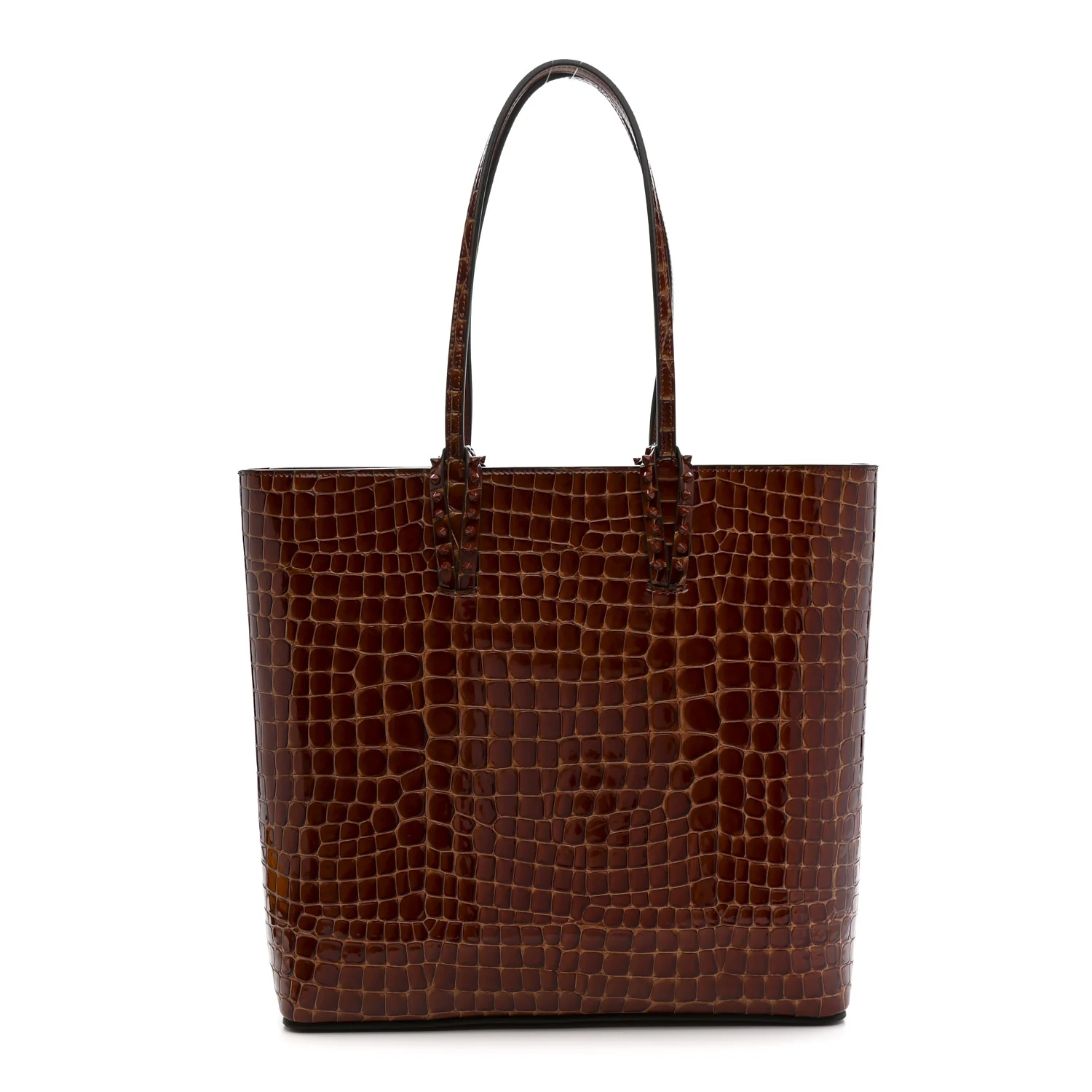 Patent Calfskin Crocodile Embossed Spikes Zipped Cabata Tote Acajou