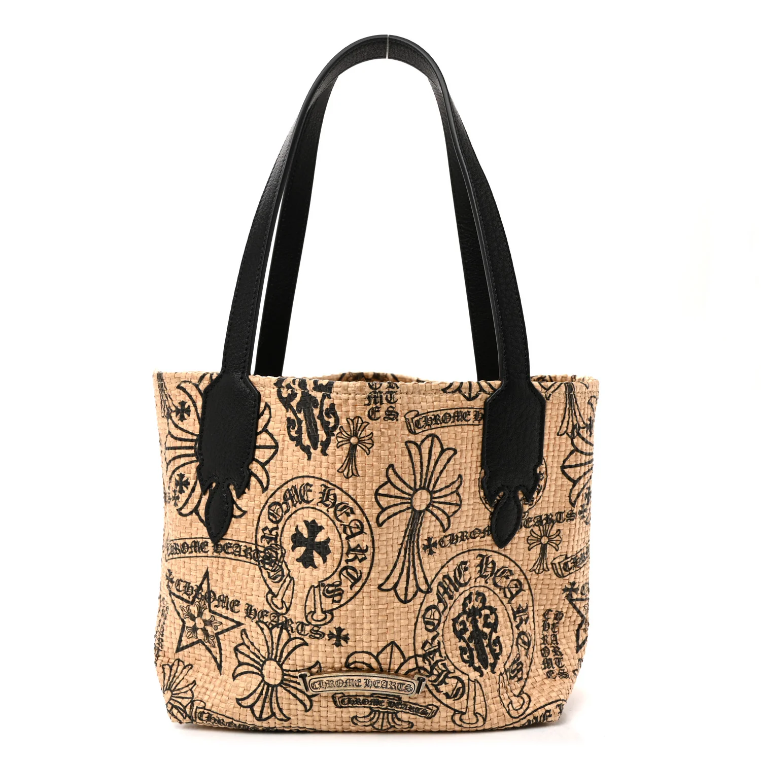 Grained Calfskin Raffia Small Cross Tote Natural Black