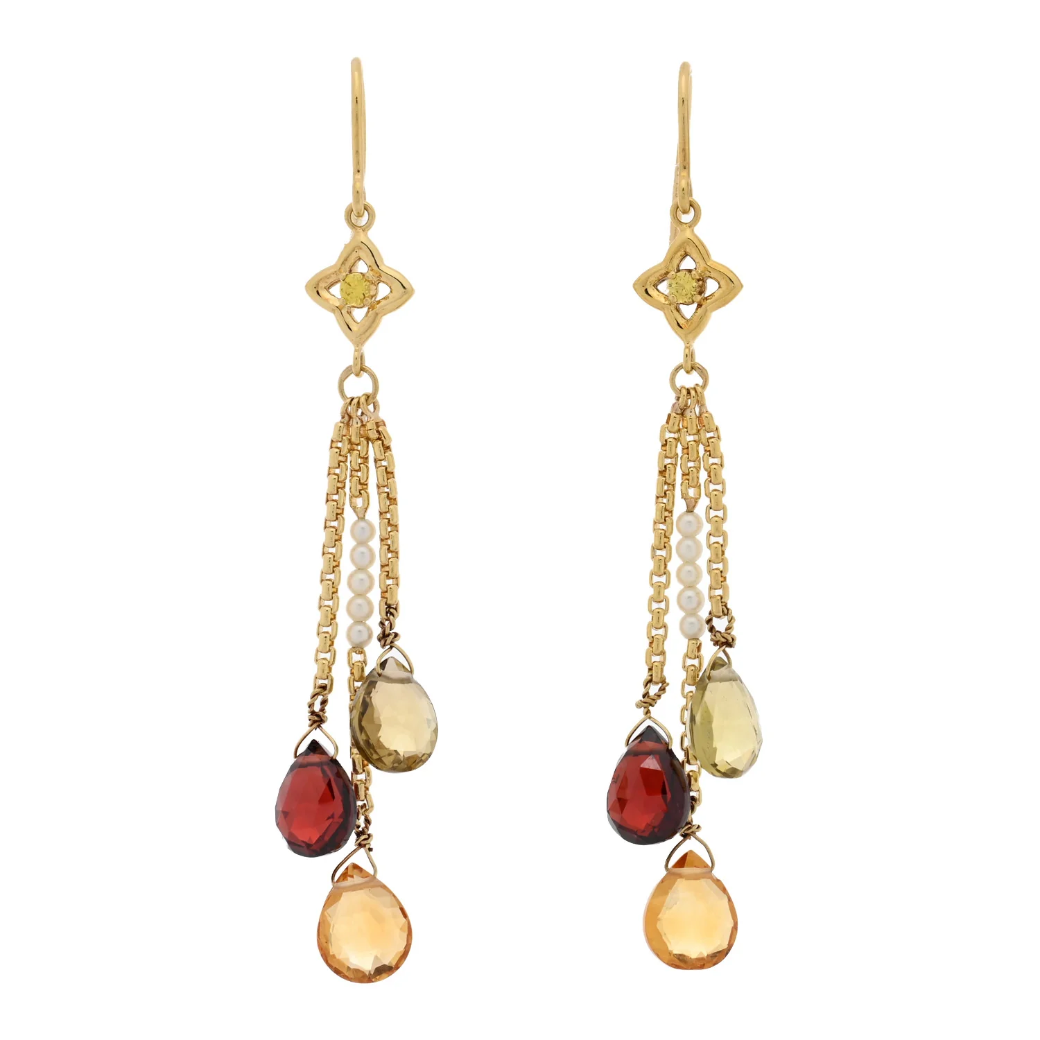 18K Yellow Gold Diamond Garnet Peridot Citrine Cultured Pearl Quatrefoil Drop Earrings