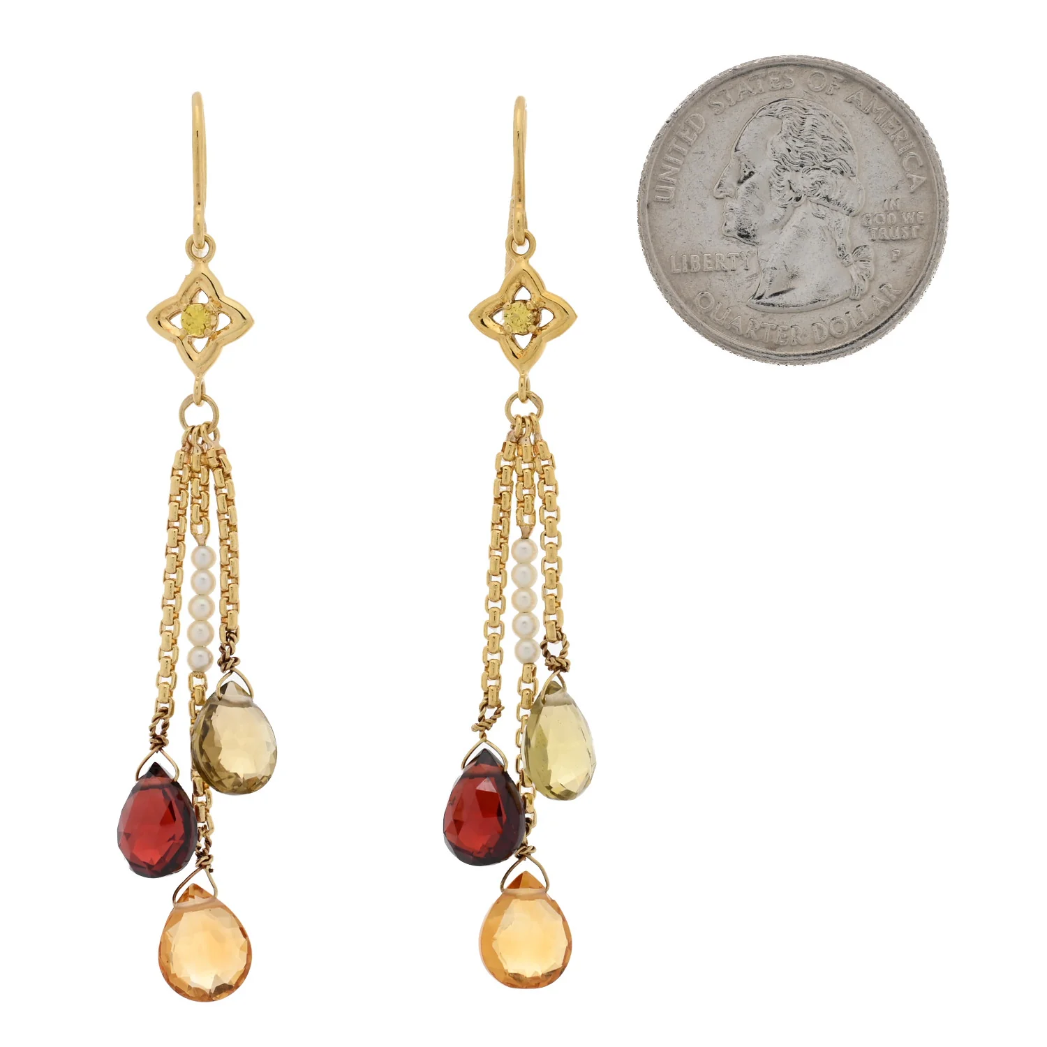 18K Yellow Gold Diamond Garnet Peridot Citrine Cultured Pearl Quatrefoil Drop Earrings - Image 2