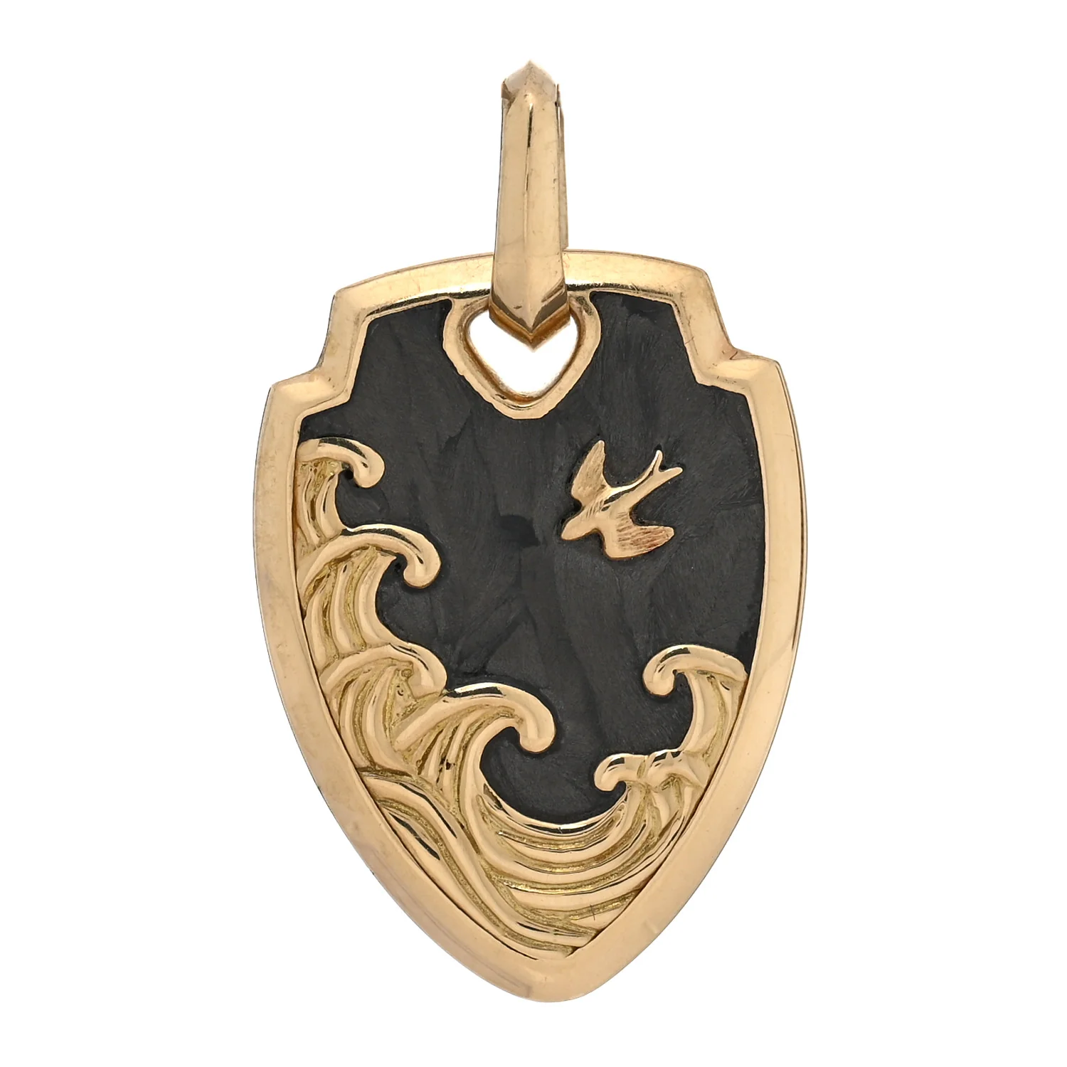 18K Yellow Gold Forged Carbon Waves Shield Pendant