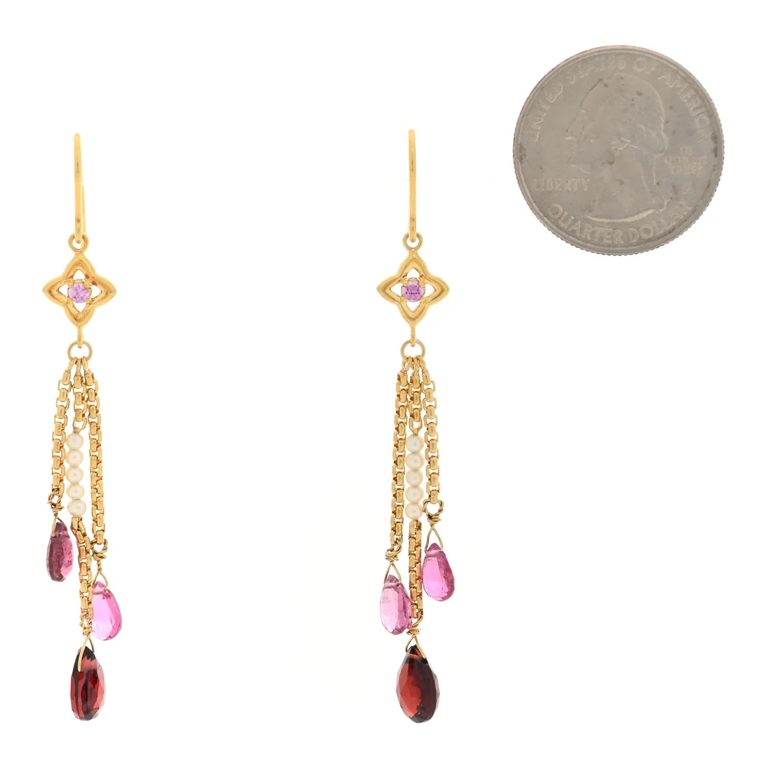 18K Yellow Gold Garnet Amethyst Pink Tourmaline Cultured Pearl Quatrafoil Chain Drop Earrings - Image 2