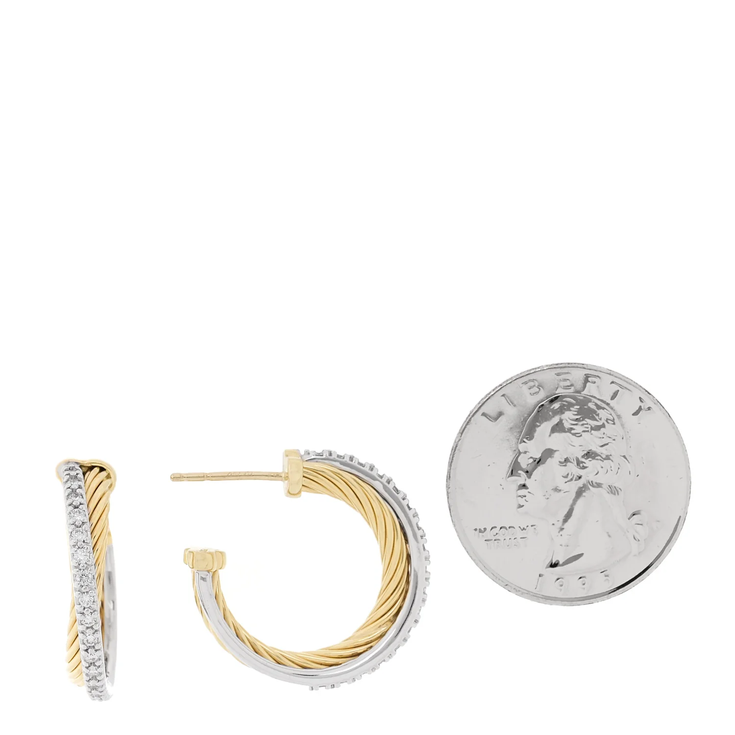 18K Yellow White Gold Diamond 23mm Crossover Cable Hoop Earrings - Image 2