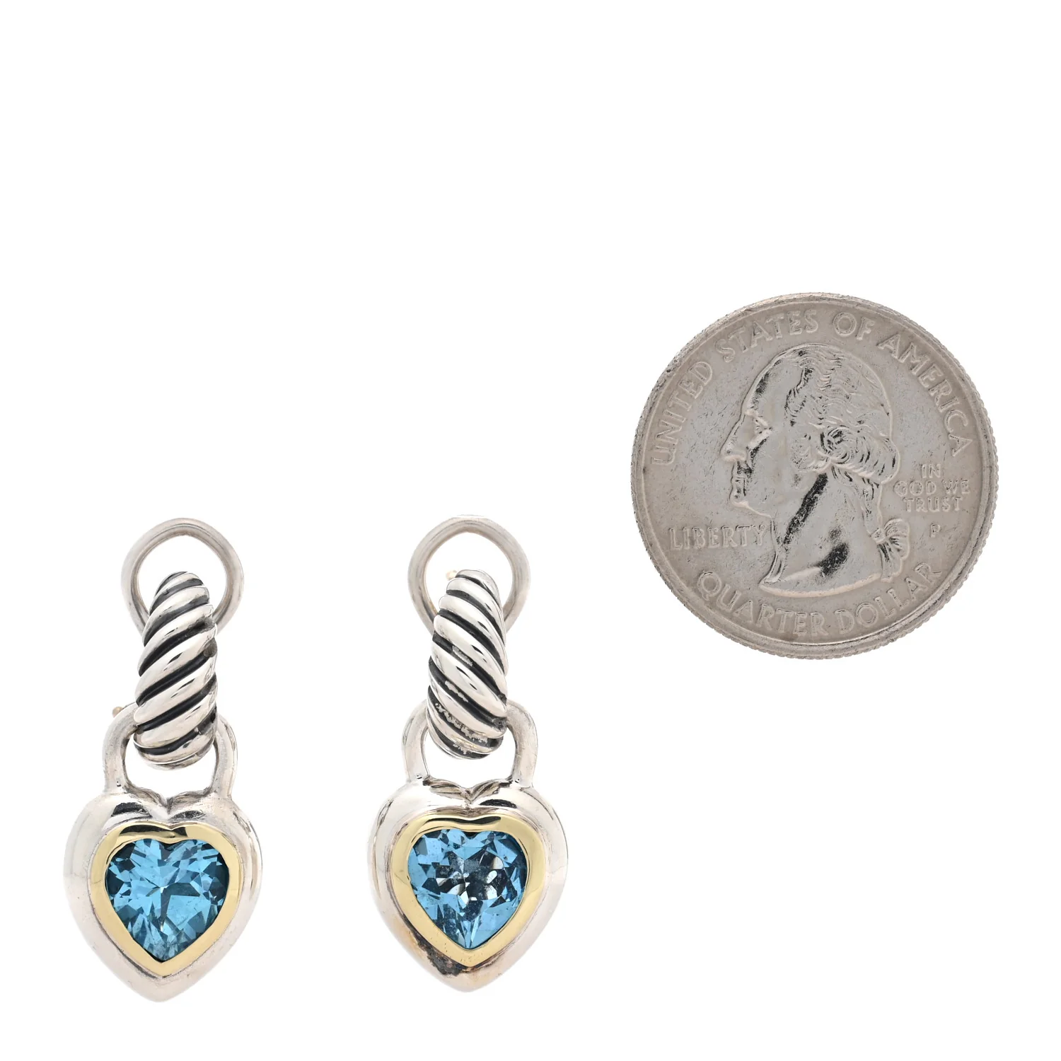 Sterling Silver 14K Yellow Gold Blue Topaz Heart Earrings - Image 2