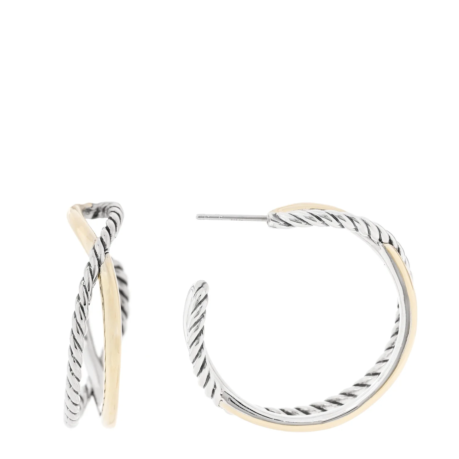 Sterling Silver 14K Yellow Gold Crossover Cable Hoop Earrings