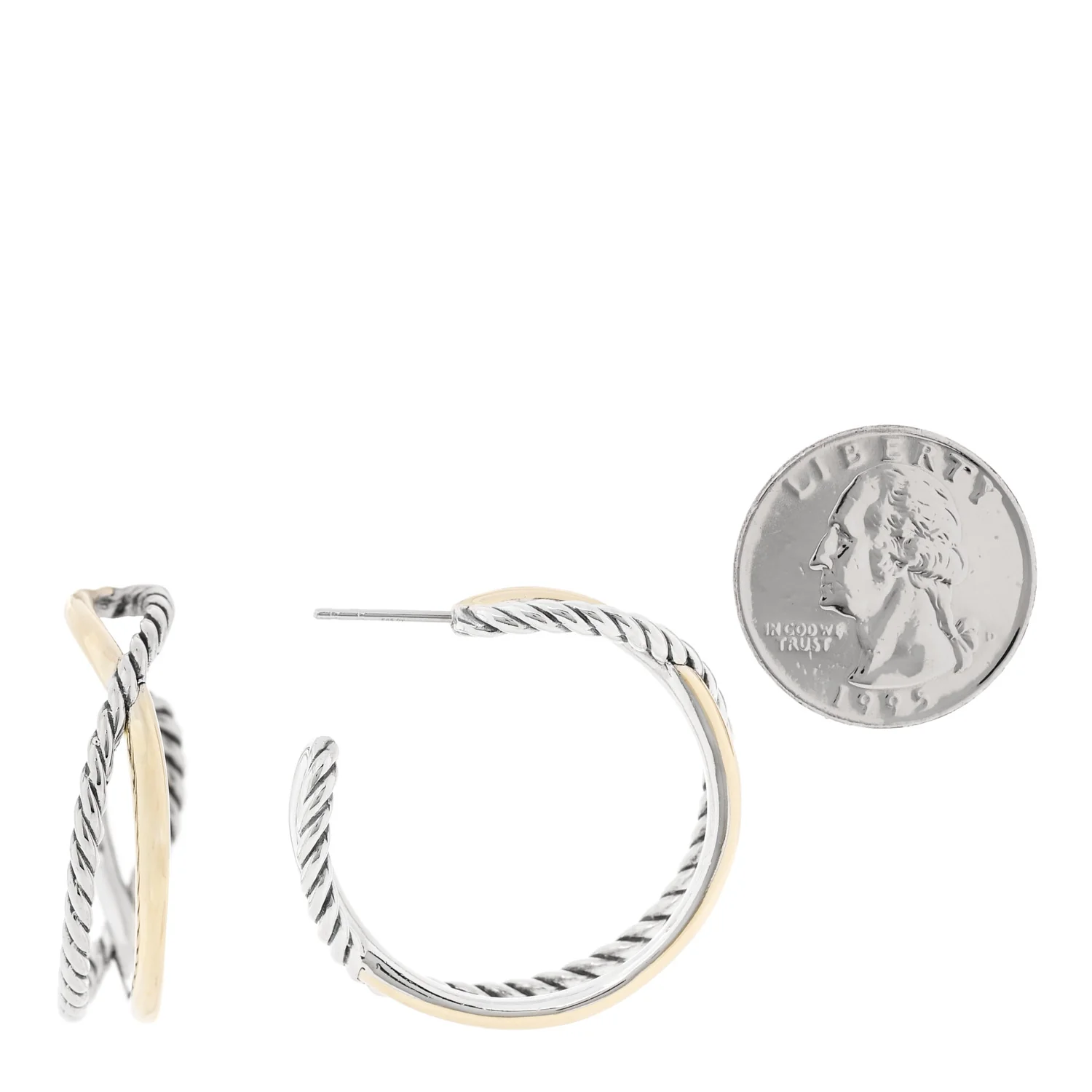 Sterling Silver 14K Yellow Gold Crossover Cable Hoop Earrings - Image 2