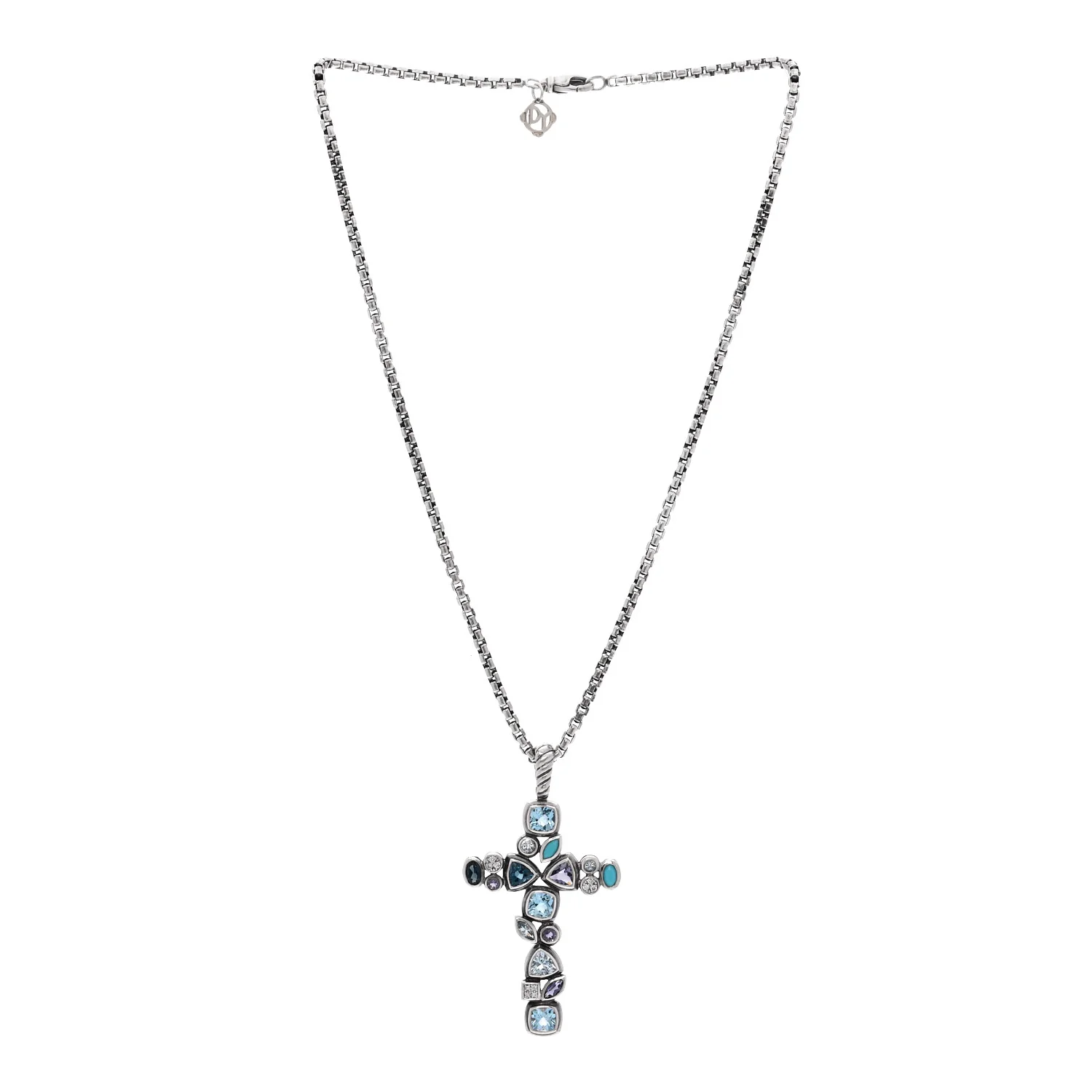Sterling Silver 14K Yellow Gold Diamond Blue Topaz Turquoise Iolite Mosaic Cross Pendant Necklace - Image 3