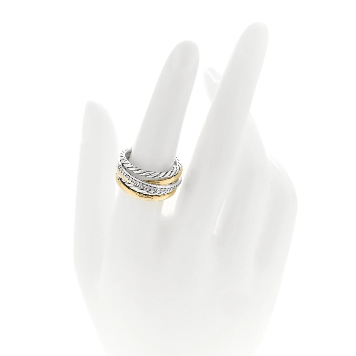 Sterling Silver 18K Yellow Gold Diamond 11mm Wide Crossover Cable Ring 54 7 - Image 2