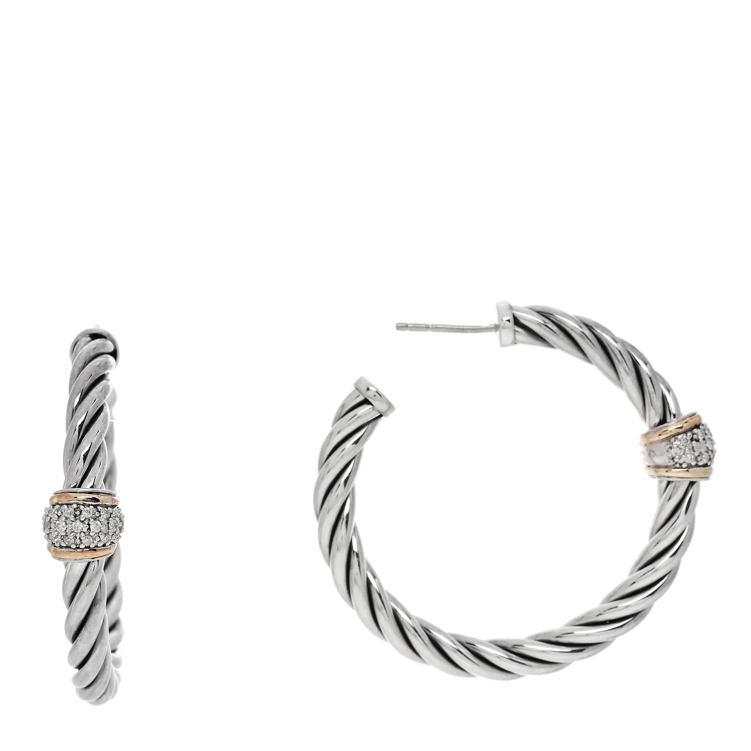 Sterling Silver 18K Yellow Gold Diamond Cable Classics Hoop Earrings