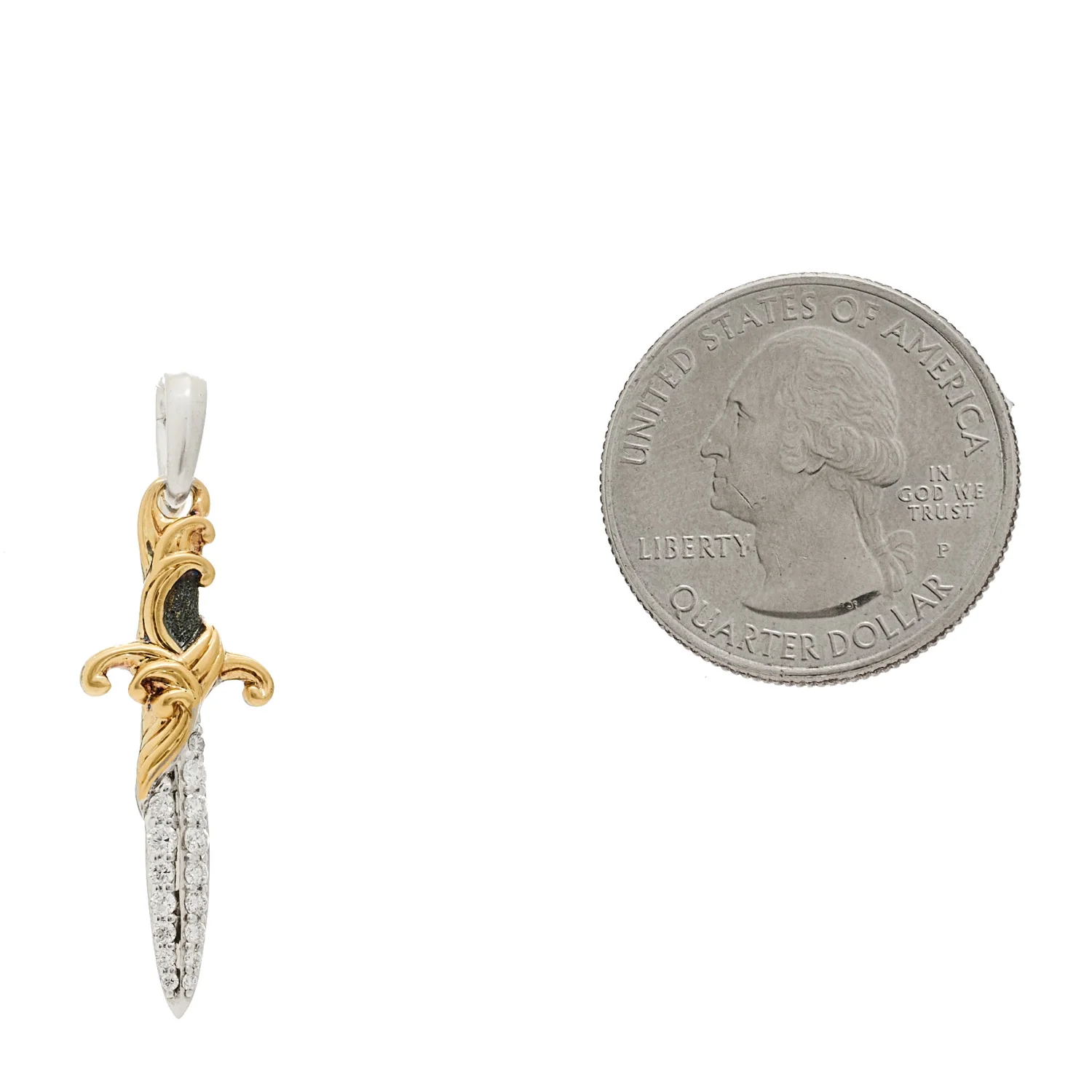 Sterling Silver 18K Yellow Gold Diamond Waves Dagger Amulet Pendant - Image 2