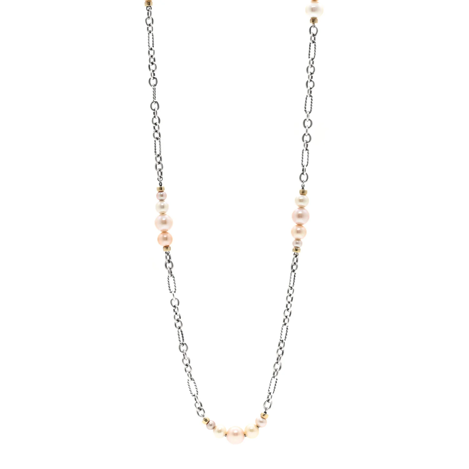 Sterling Silver 18K Yellow Gold Multi Cultured Pearl Figaro Chain Necklace