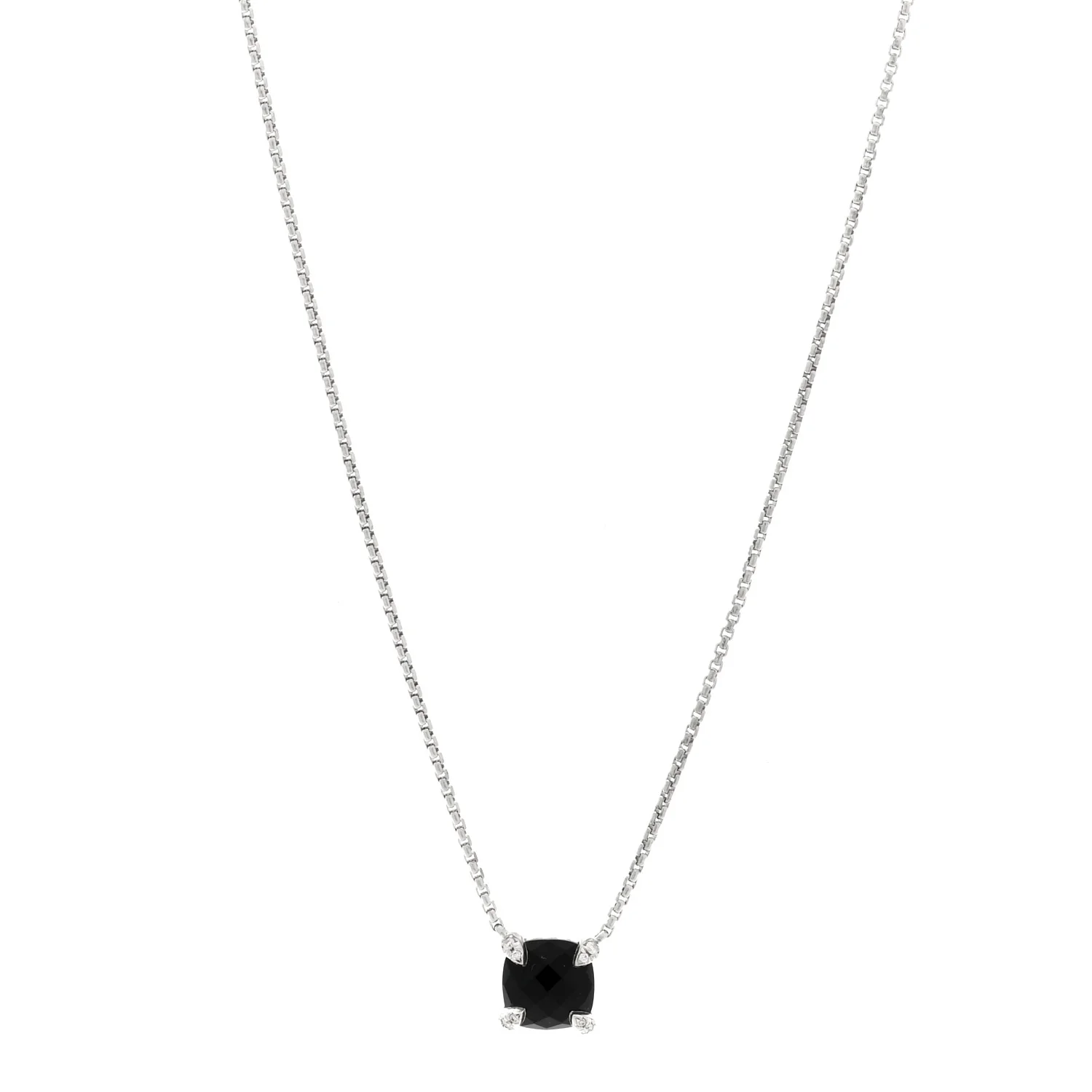 Sterling Silver Diamond Black Onyx 7mm Chatelaine Pave Bezel Pendant Necklace