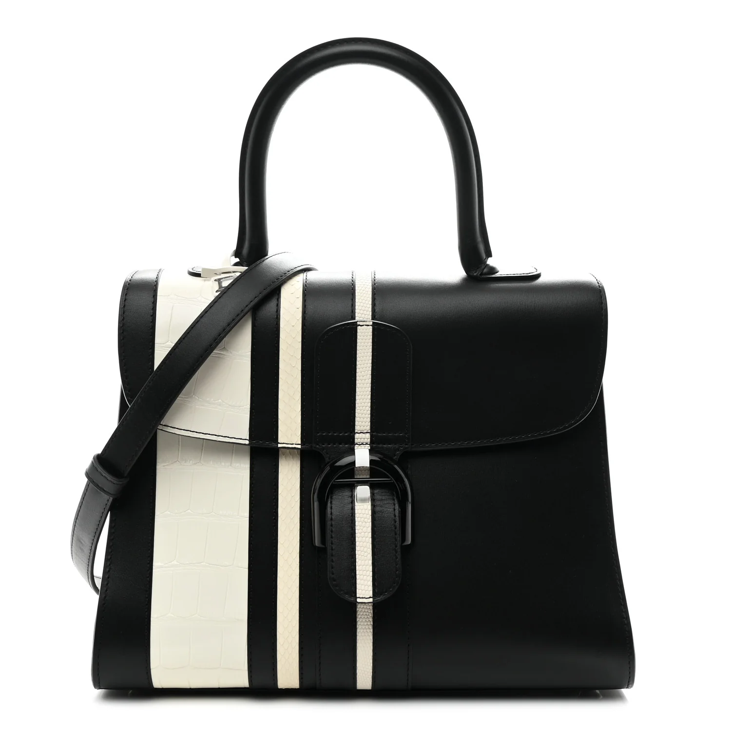 Calfskin Alligator Lizard Ayers Sporty Stripes MM Brillant Satchel Black Ivory