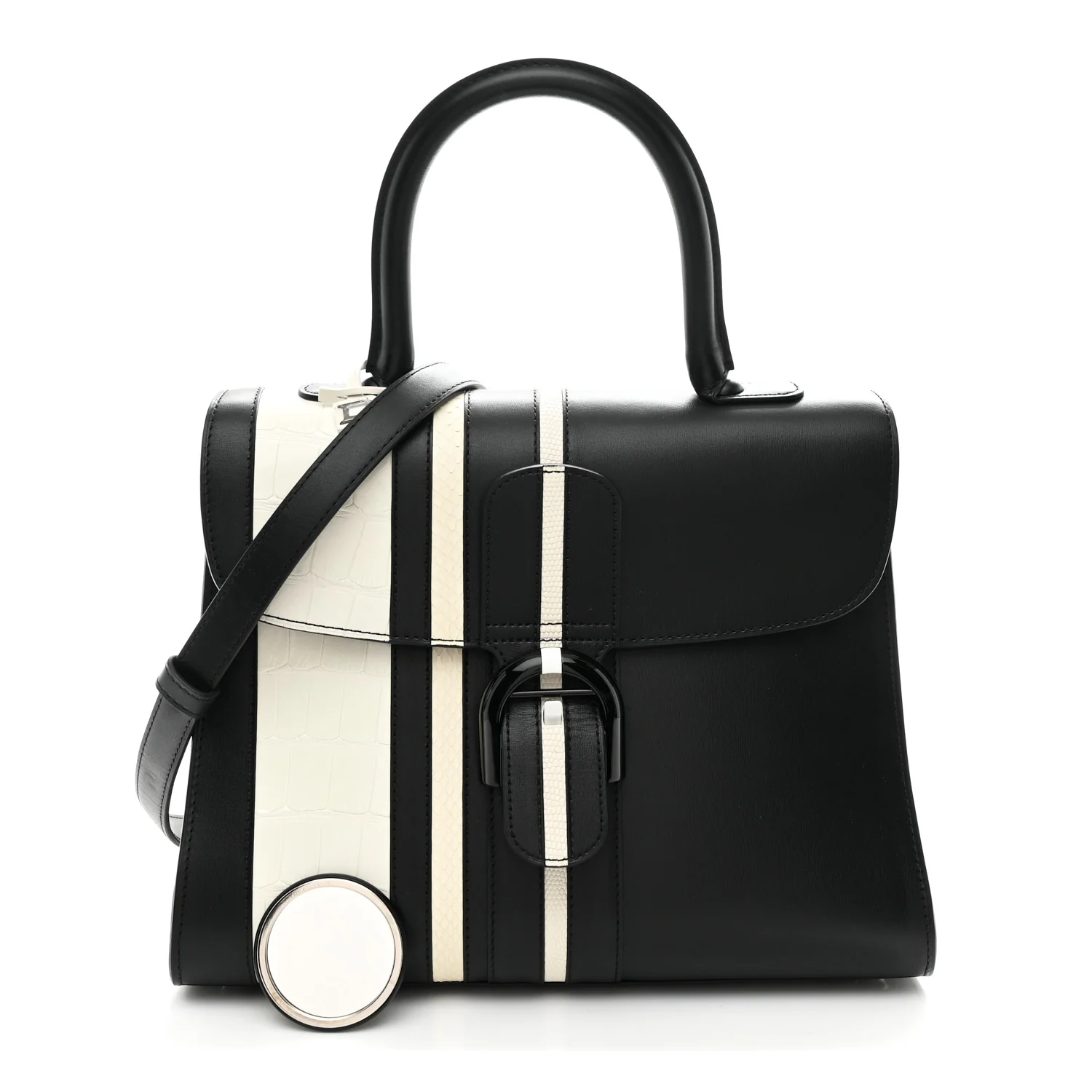 Calfskin Alligator Lizard Ayers Sporty Stripes MM Brillant Satchel Black Ivory - Image 3