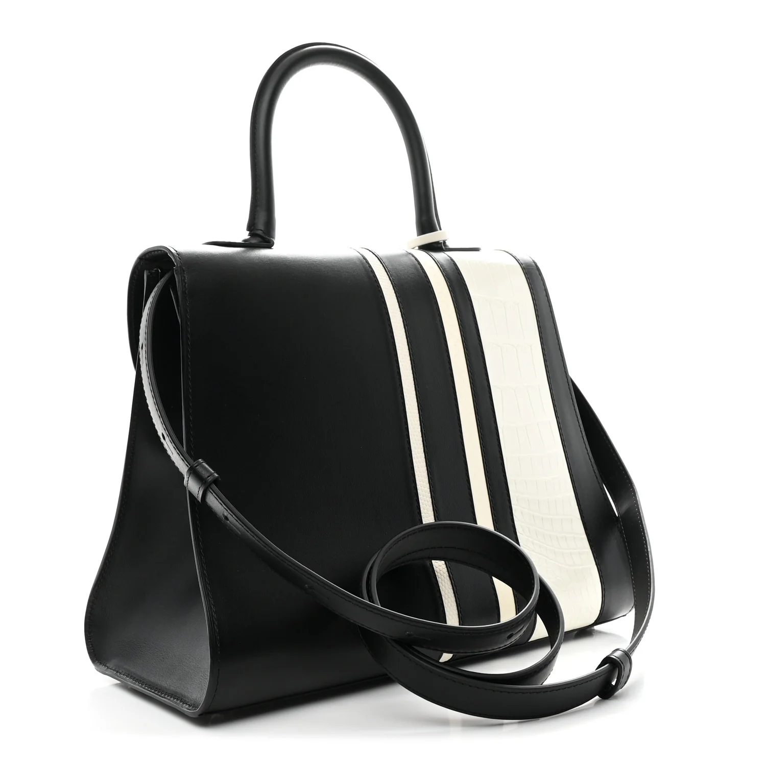 Calfskin Alligator Lizard Ayers Sporty Stripes MM Brillant Satchel Black Ivory - Image 4
