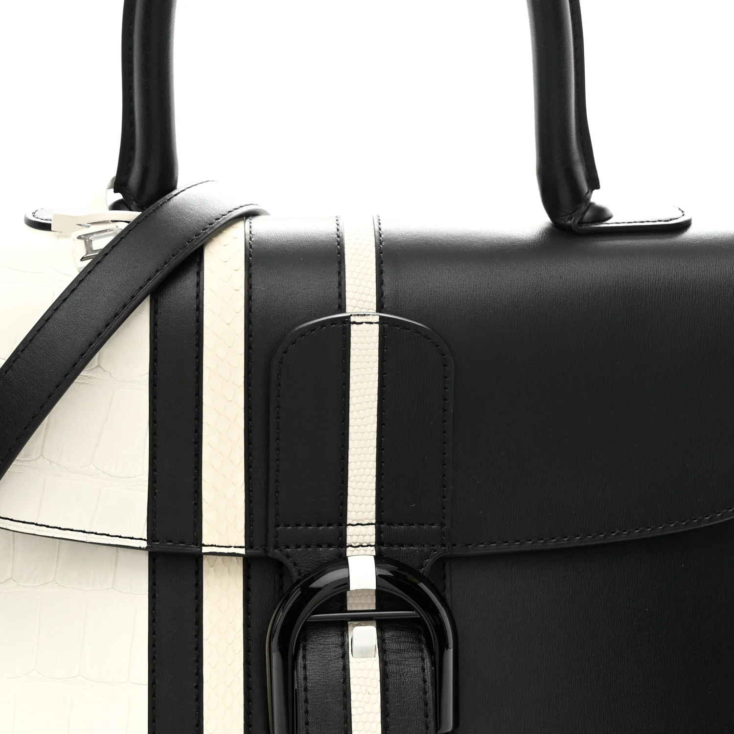 Calfskin Alligator Lizard Ayers Sporty Stripes MM Brillant Satchel Black Ivory - Image 8