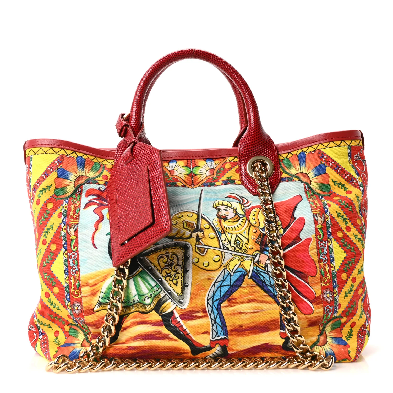 Canvas Snakeskin Carretto Print Capri Tote Red Multicolor