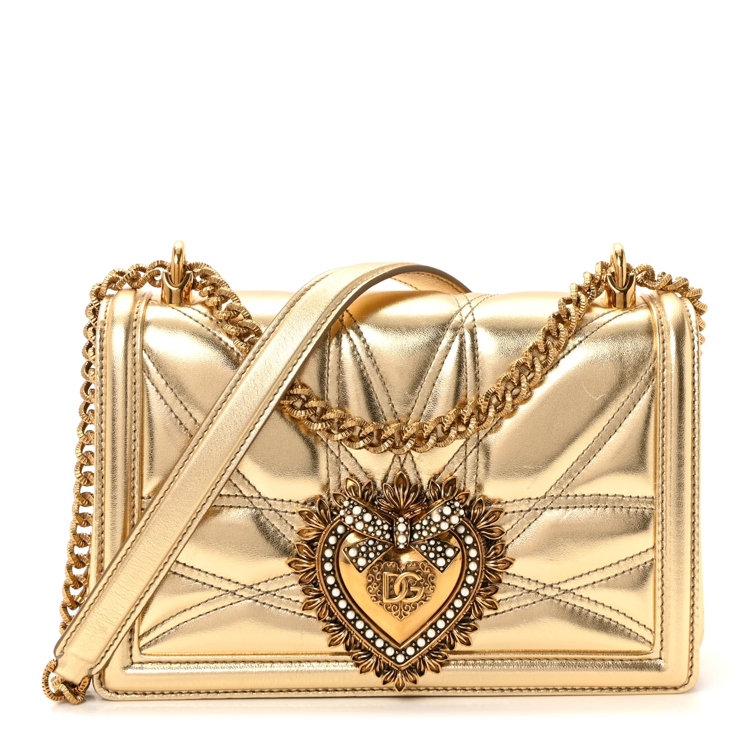 Metallic Nappa Quilted Medium Devotion Crossbody Bag Gold