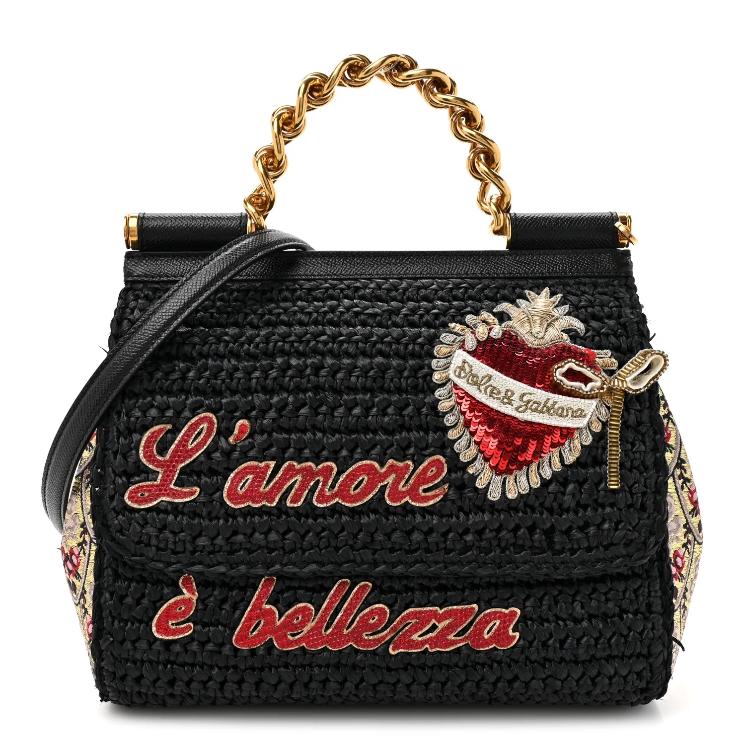 Woven Raffia Dauphine Sequin Embroidered Medium L'Amore Belleza Chain Miss Sicily Satchel Black Multicolor