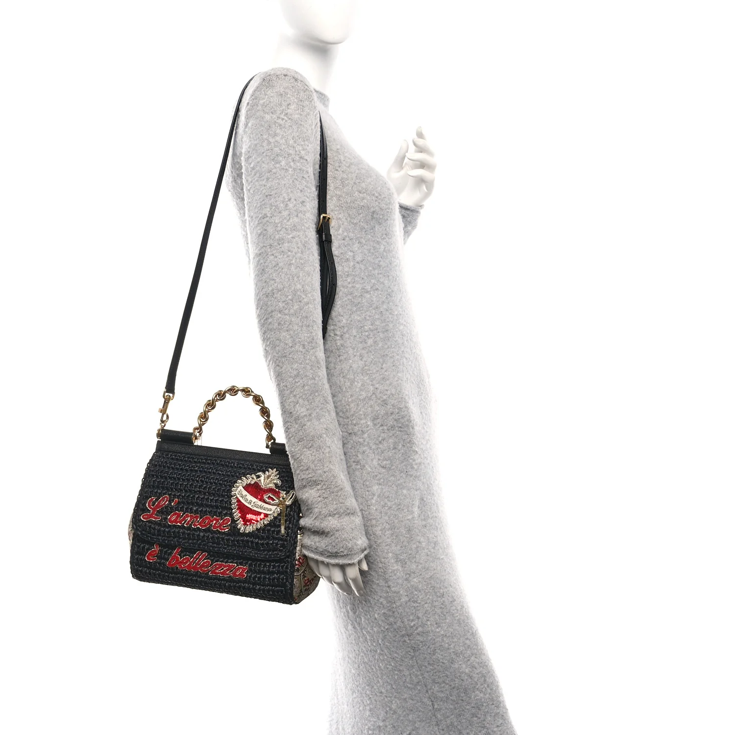 Woven Raffia Dauphine Sequin Embroidered Medium L'Amore Belleza Chain Miss Sicily Satchel Black Multicolor - Image 2