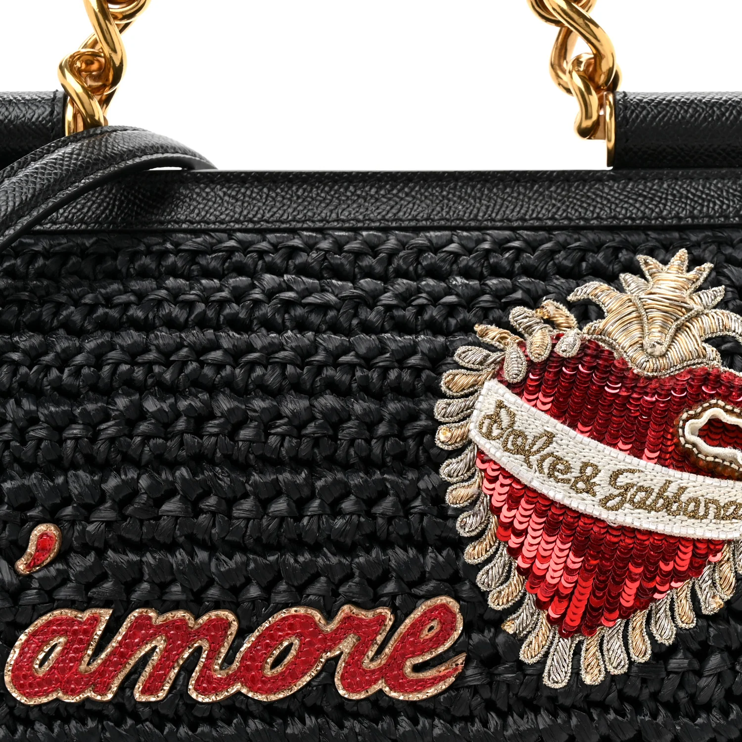 Woven Raffia Dauphine Sequin Embroidered Medium L'Amore Belleza Chain Miss Sicily Satchel Black Multicolor - Image 7