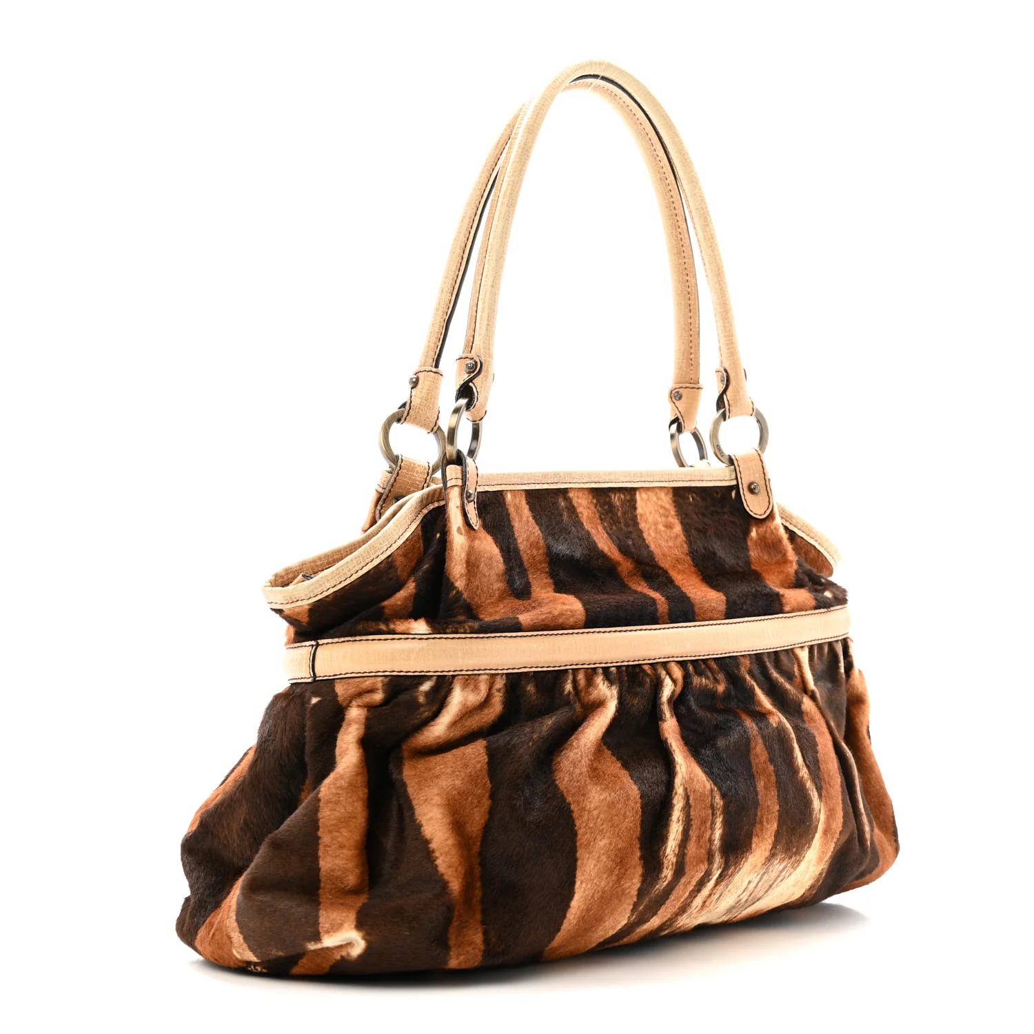 Calf Hair Zebra Print Chef Shopper Tote White Brown - Image 3