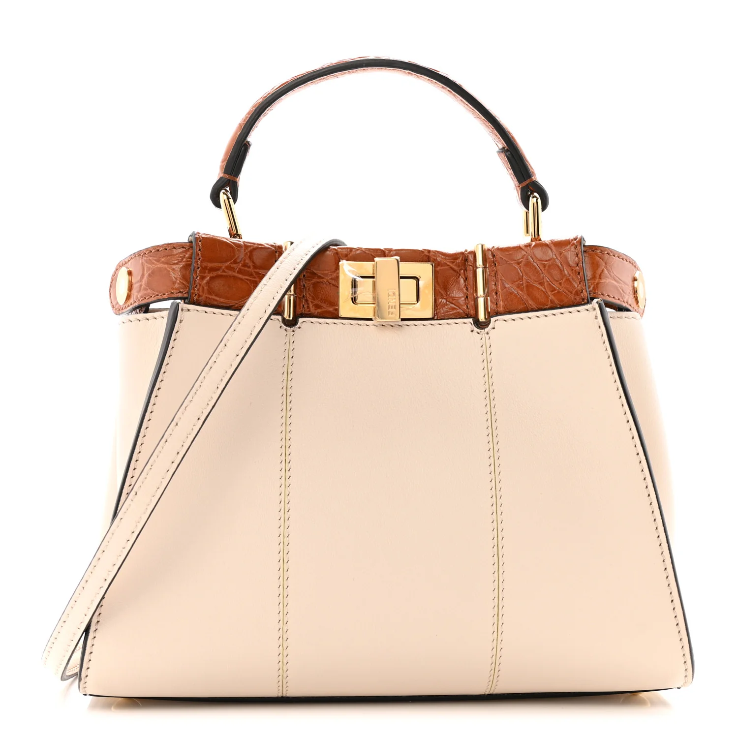 Calfskin Crocodile Mini Peekaboo Iconic Satchel Camelia Toast