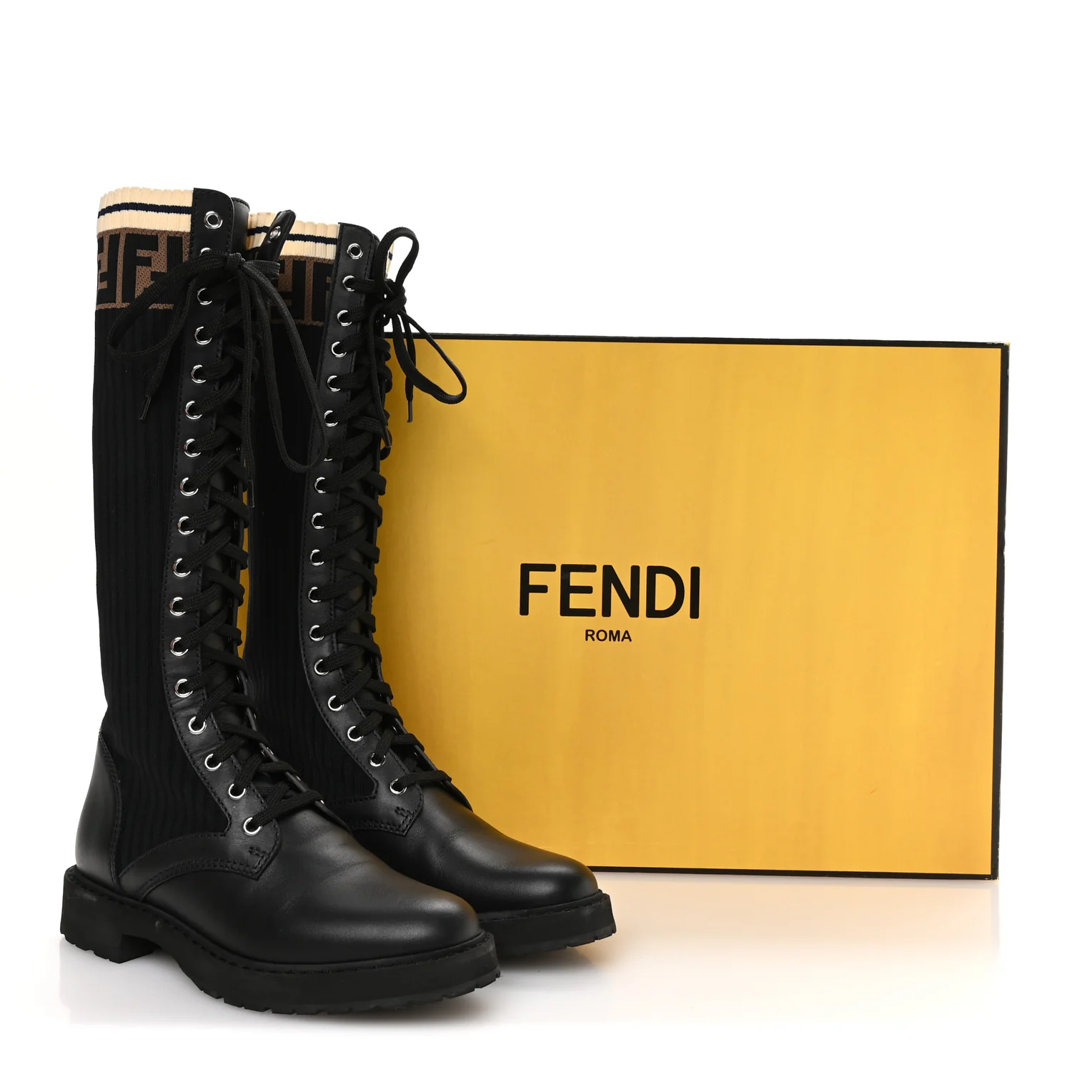 Calfskin Stretch Fabric FF Rockoko Tall Biker Boots 37 Tobacco Black Marino - Image 8
