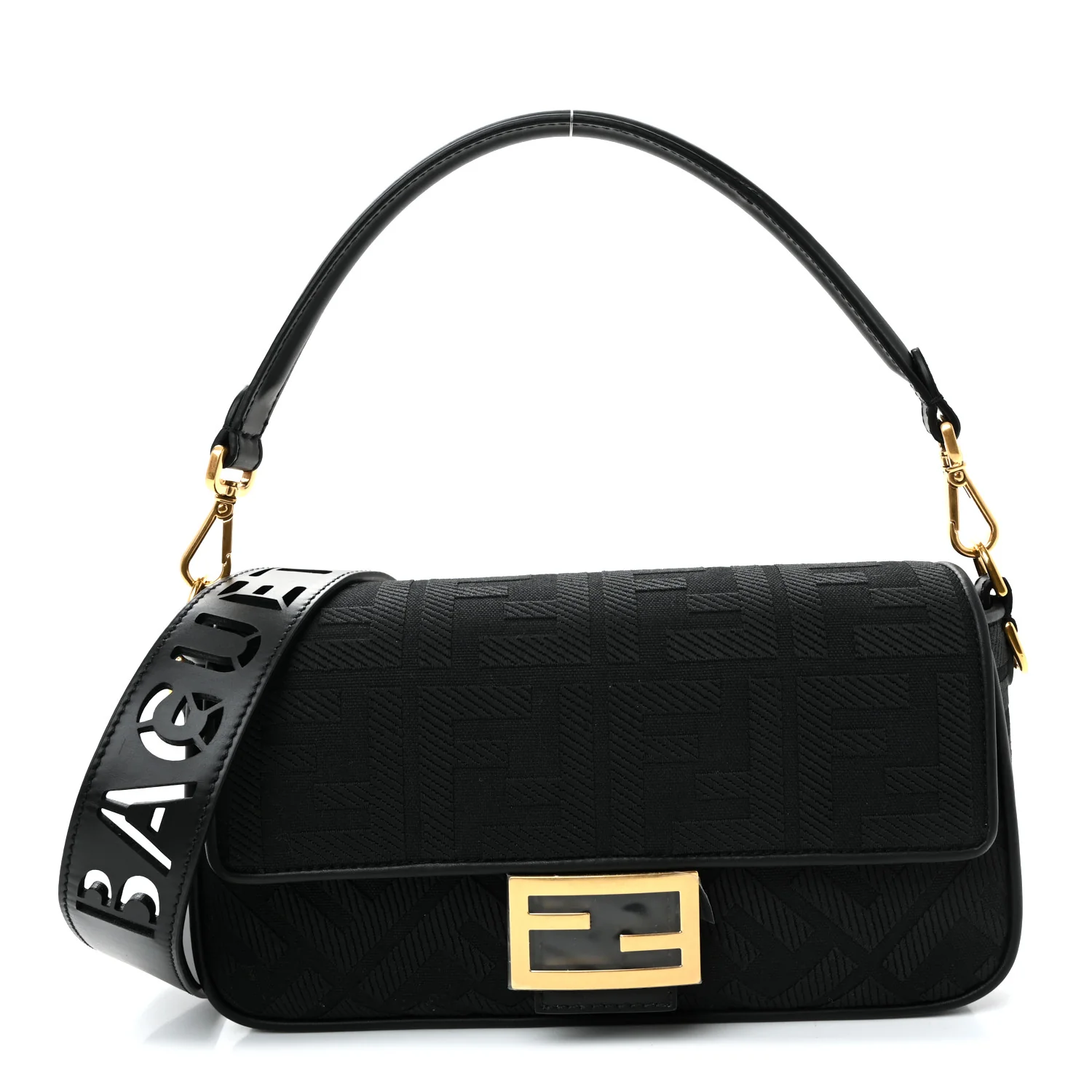 Canvas Vitello King Extra Strap FF Embroidered Baguette Black