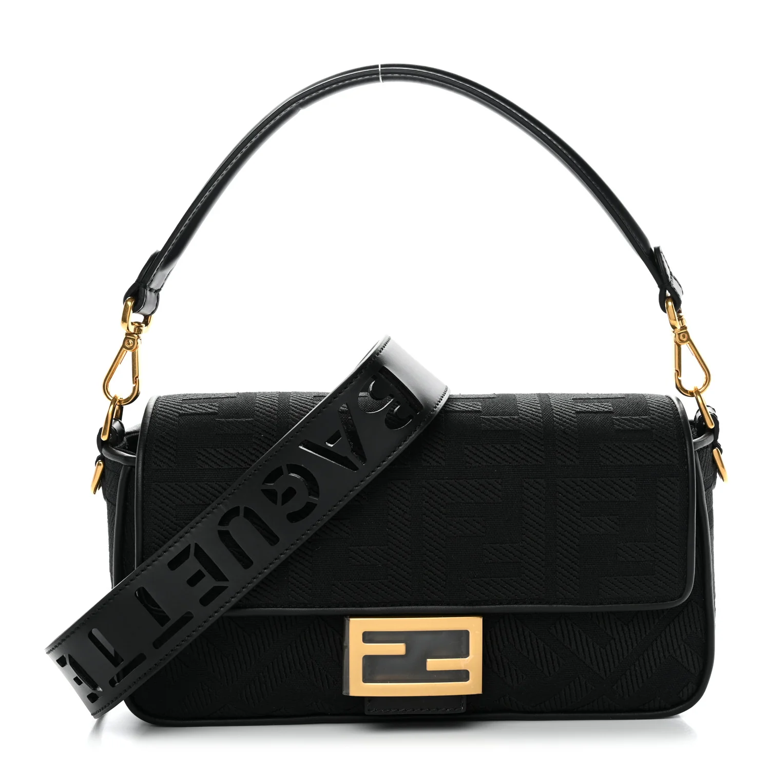 Canvas Vitello King Extra Strap FF Embroidered Baguette Black