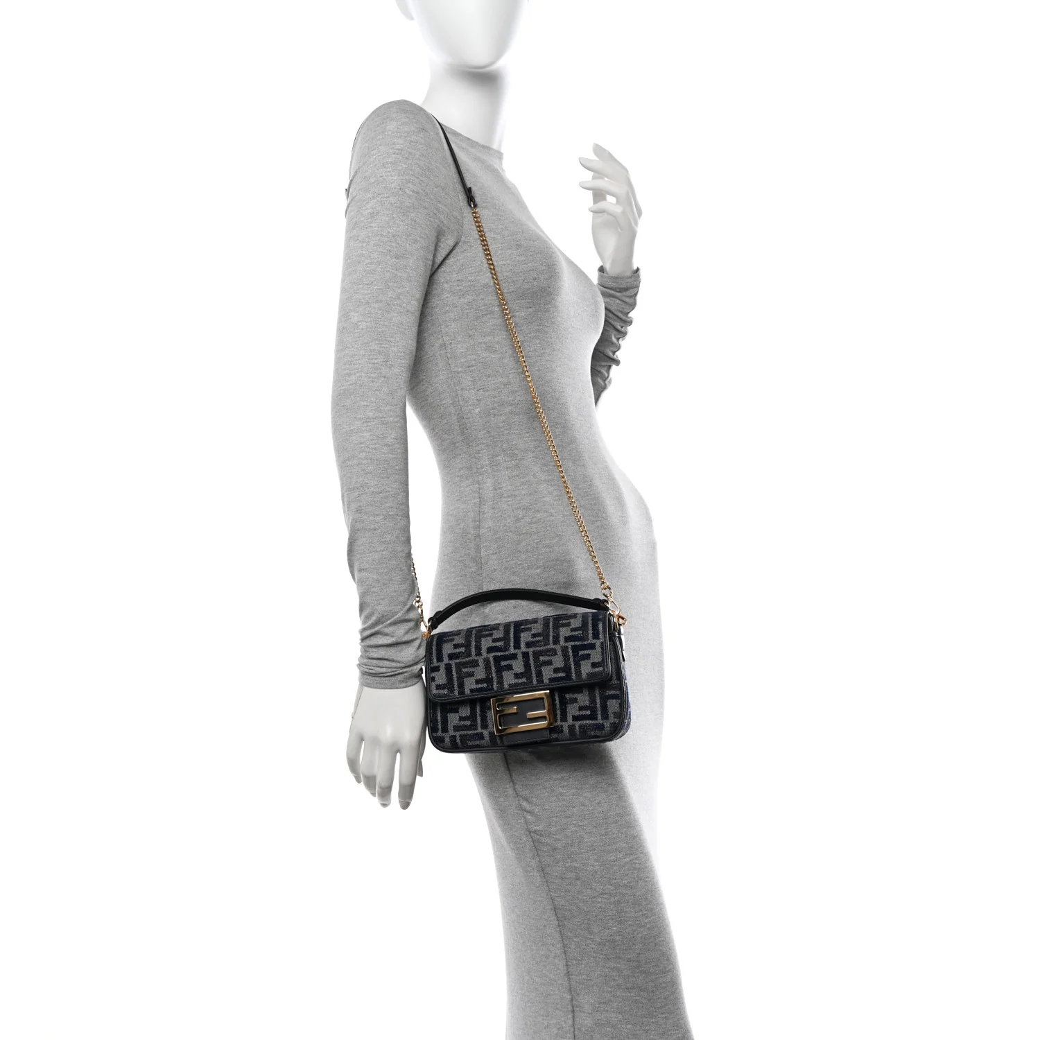 Chenille Vitello Grace FF Embroidered Mini Baguette Dark Blue Grey - Image 2