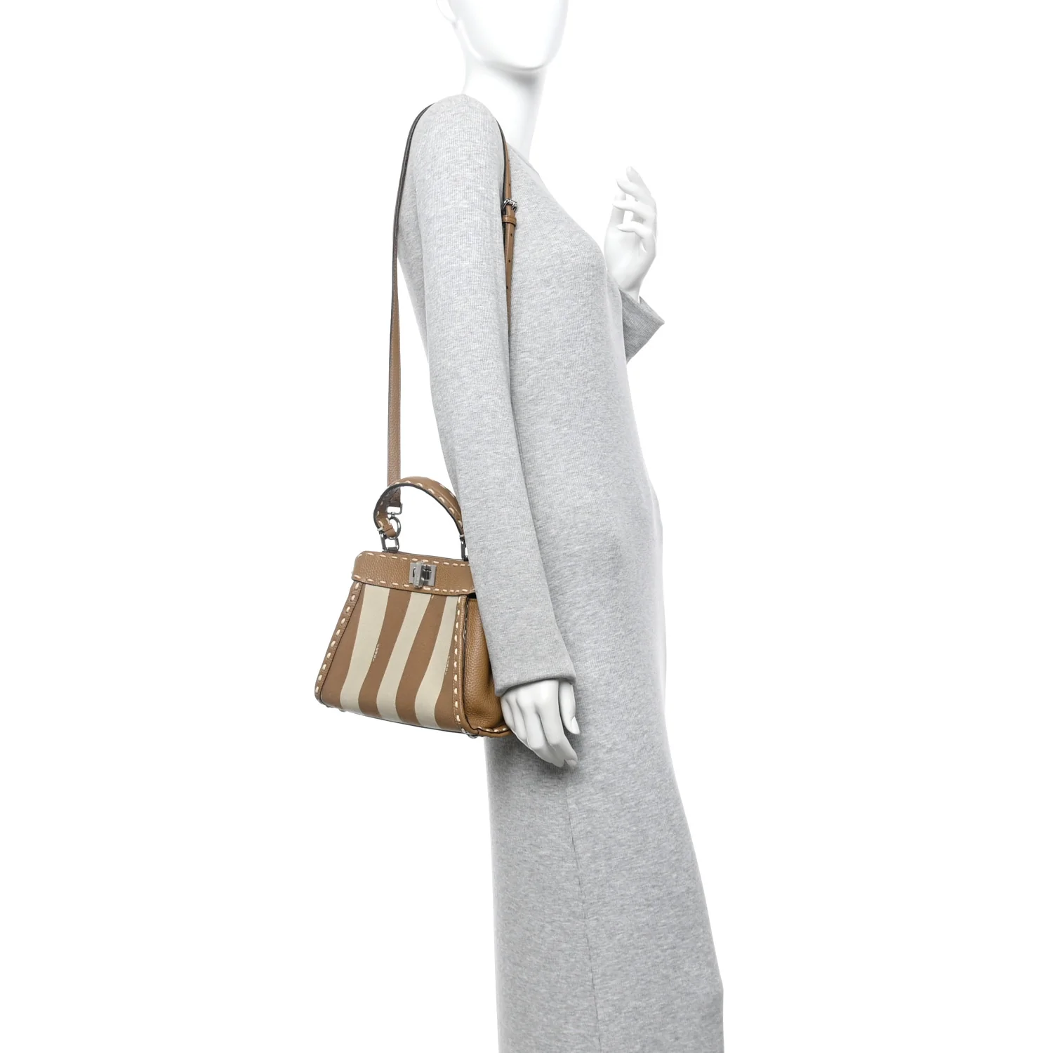 Cuoio Romano Canvas Pequin Striped Selleria Mini Peekaboo Iconic Satchel Beige Sand - Image 2