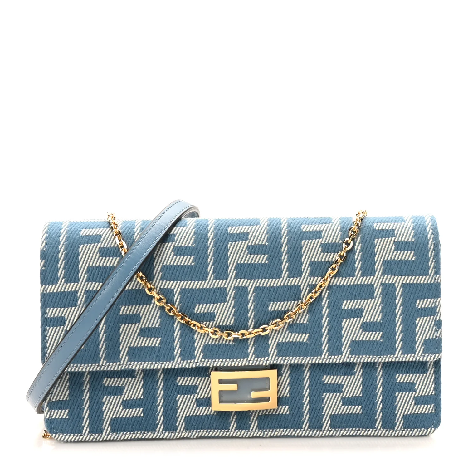 Denim Effect Fabric Jacquard FF 1974 Wallet On Chain Baguette Blue White