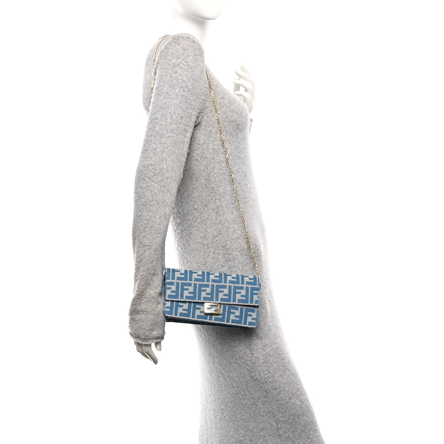 Denim Effect Fabric Jacquard FF 1974 Wallet On Chain Baguette Blue White - Image 2