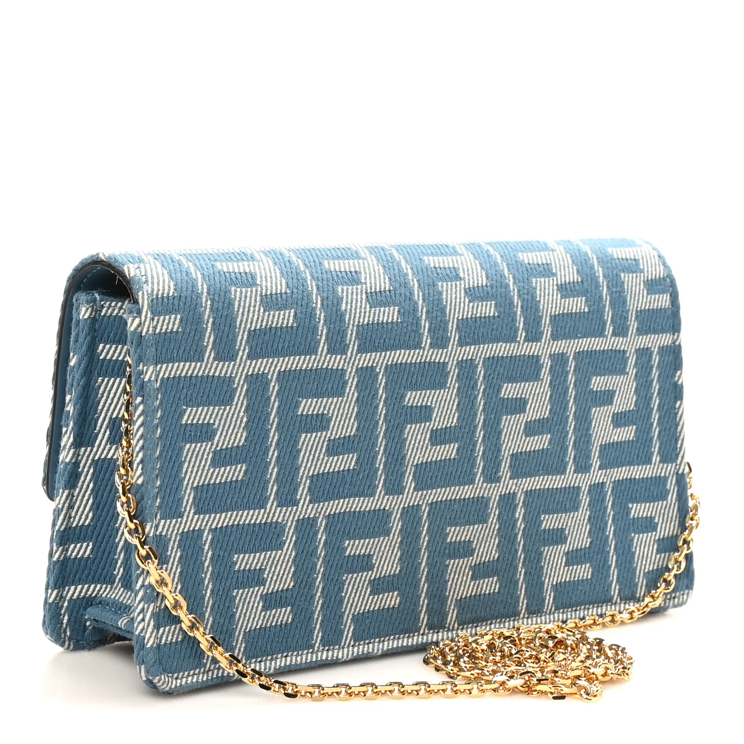 Denim Effect Fabric Jacquard FF 1974 Wallet On Chain Baguette Blue White - Image 3