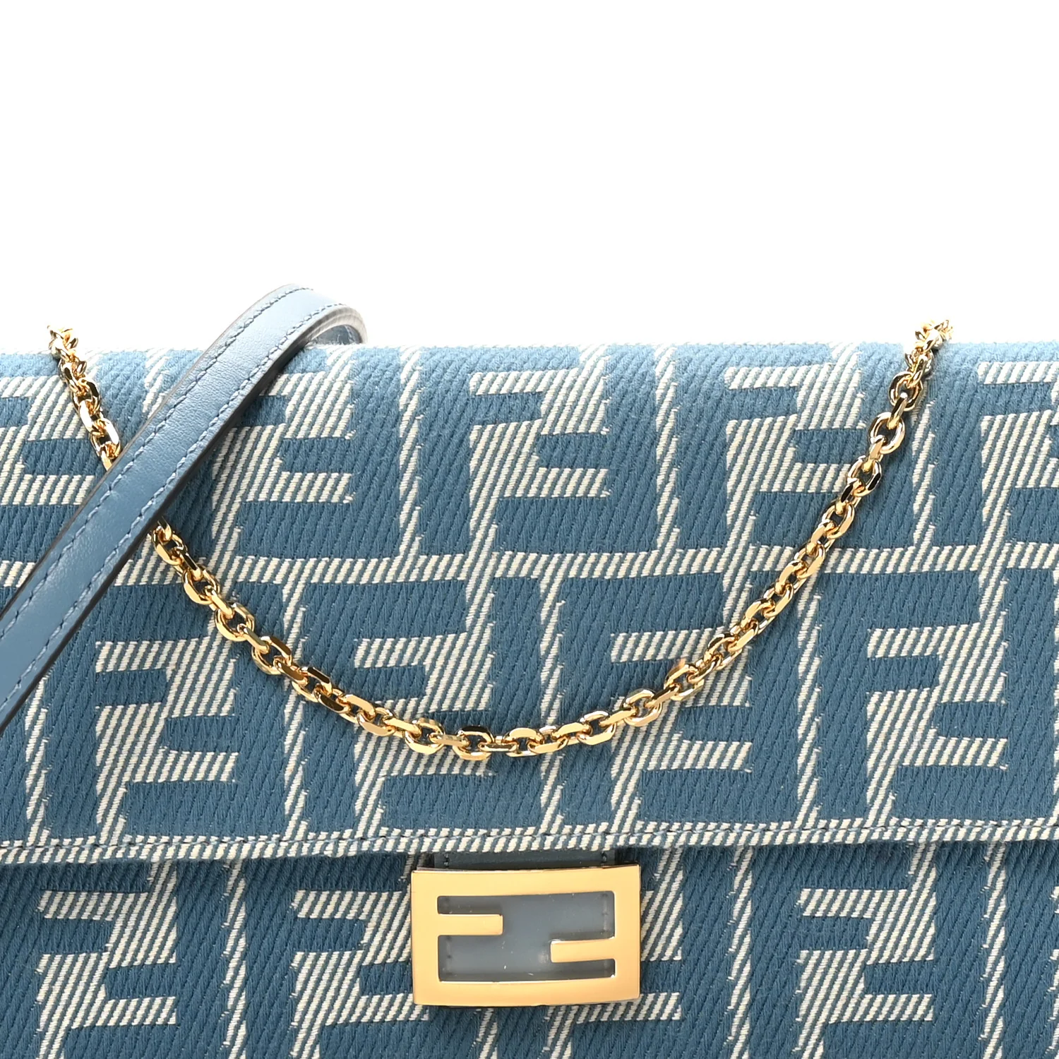Denim Effect Fabric Jacquard FF 1974 Wallet On Chain Baguette Blue White - Image 7