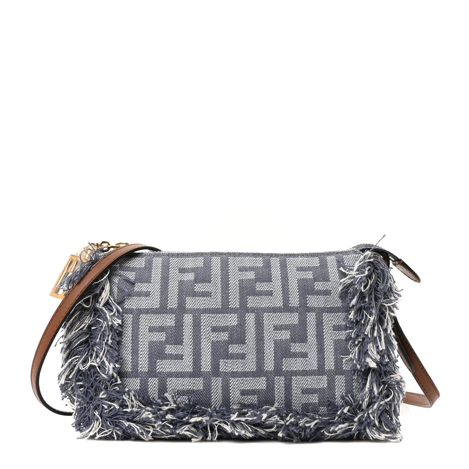 Denim Vitello Fringe FF Embroidered Baguette Pouch Myrtle Dark Nut