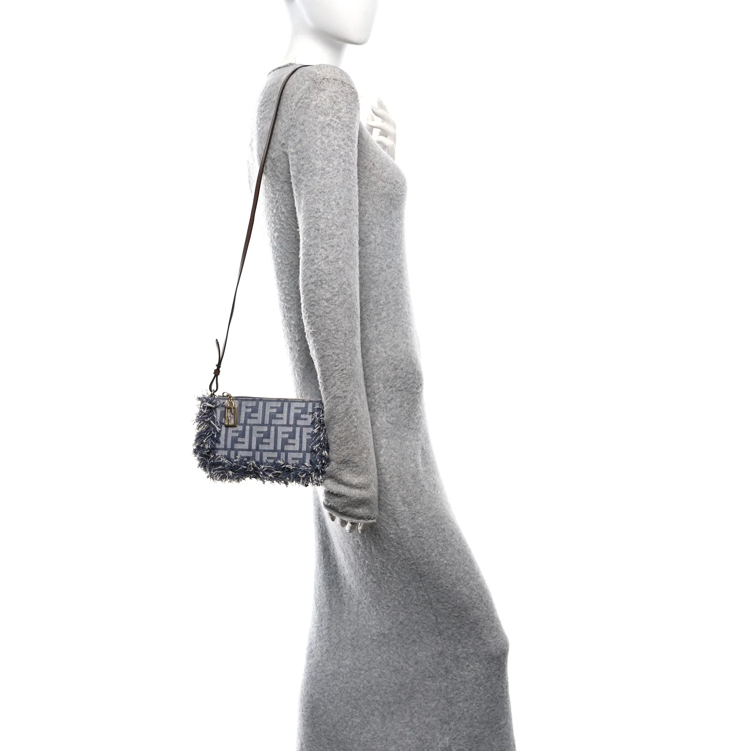 Denim Vitello Fringe FF Embroidered Baguette Pouch Myrtle Dark Nut - Image 2