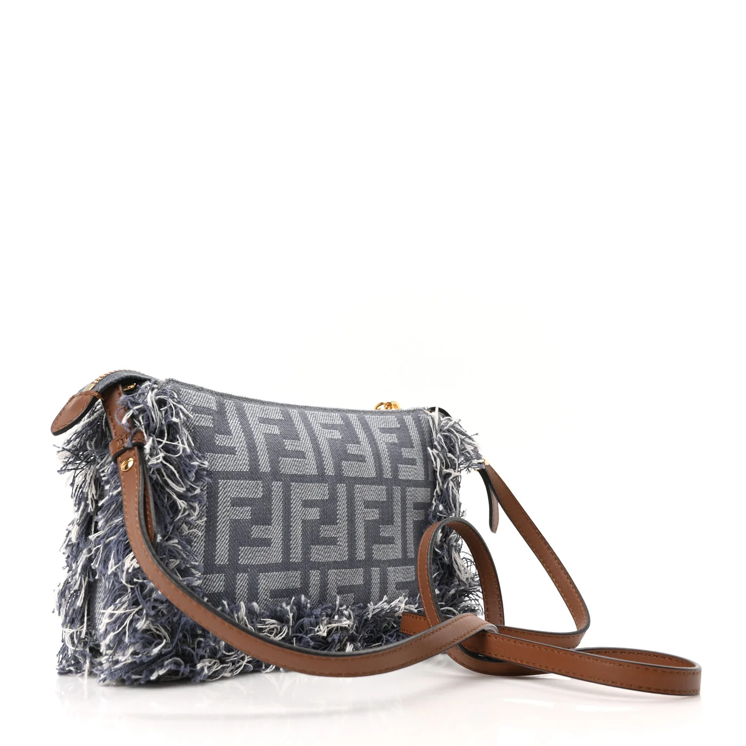 Denim Vitello Fringe FF Embroidered Baguette Pouch Myrtle Dark Nut - Image 3