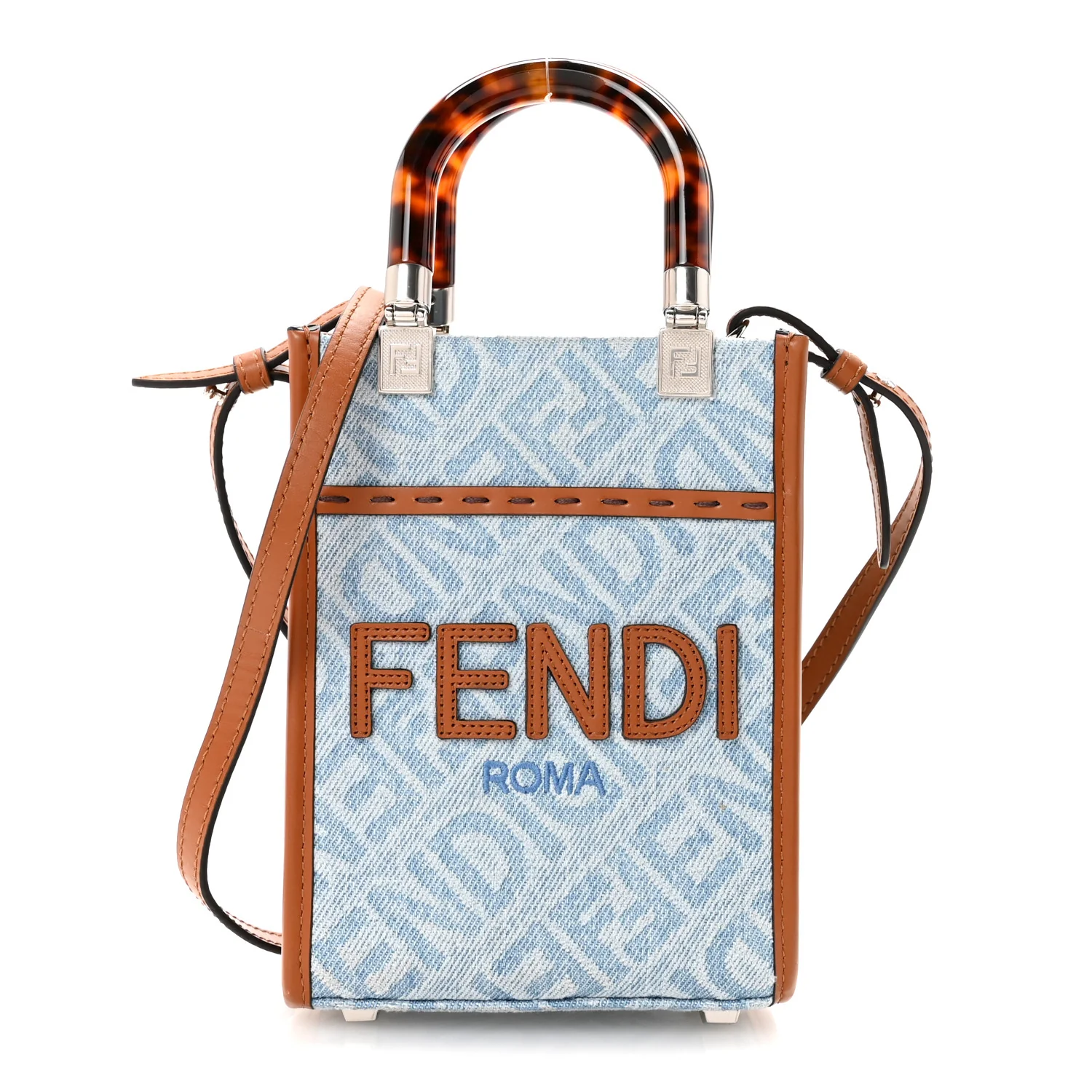 Denim Vitello King FF Embroidered Plexiglass Mini Sunshine Shopper Tote Blue Brown