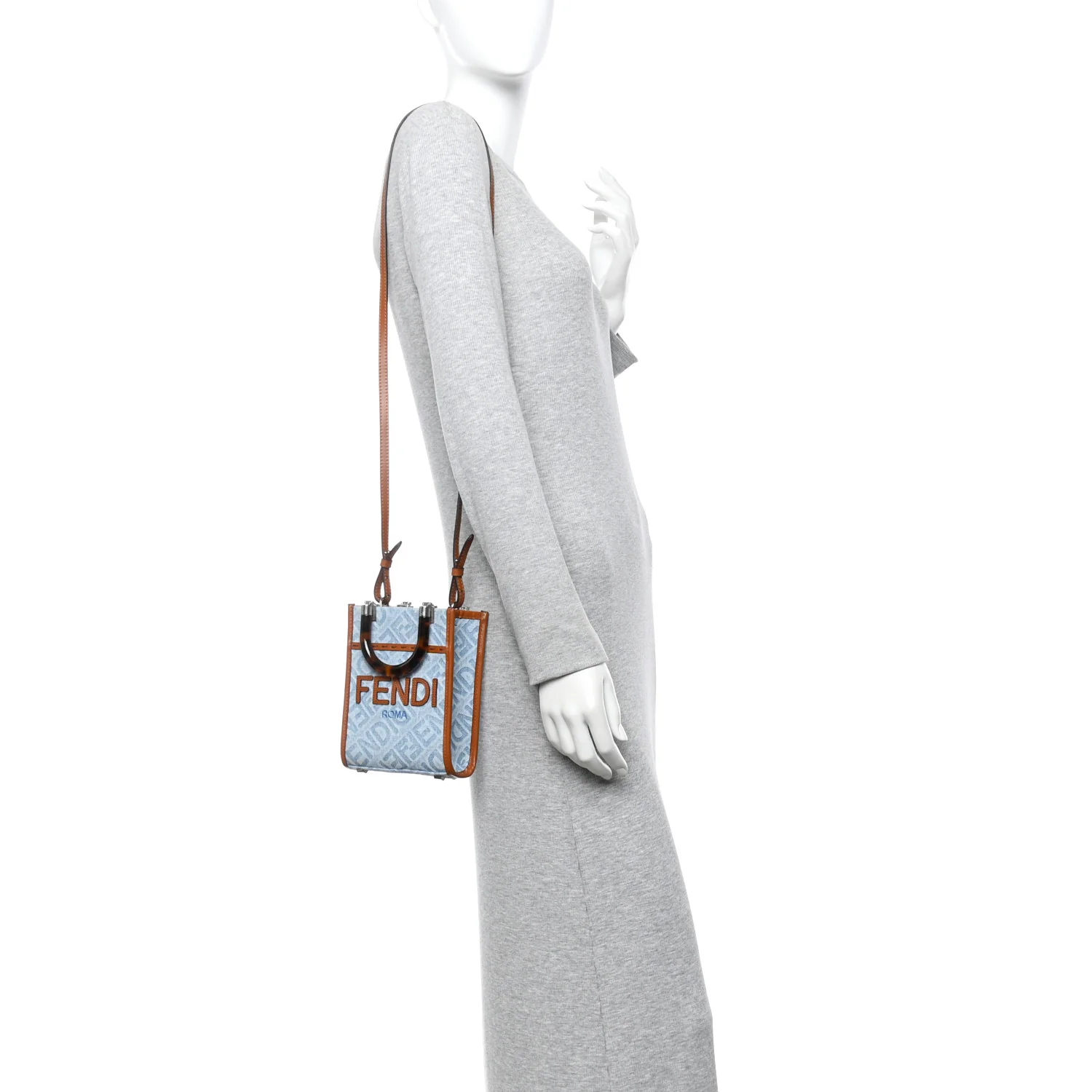 Denim Vitello King FF Embroidered Plexiglass Mini Sunshine Shopper Tote Blue Brown - Image 2