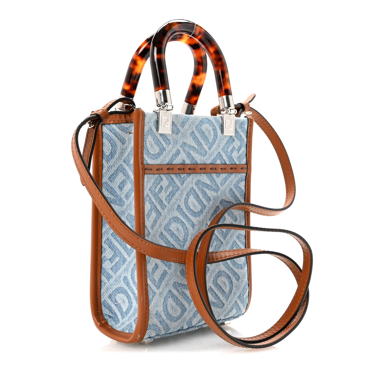 Denim Vitello King FF Embroidered Plexiglass Mini Sunshine Shopper Tote Blue Brown - Image 3