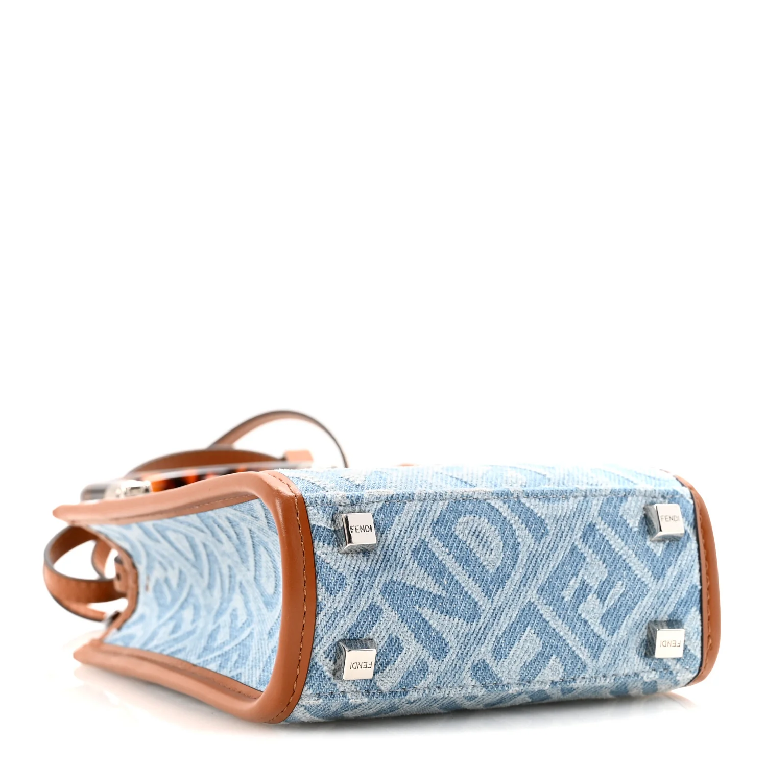 Denim Vitello King FF Embroidered Plexiglass Mini Sunshine Shopper Tote Blue Brown - Image 4