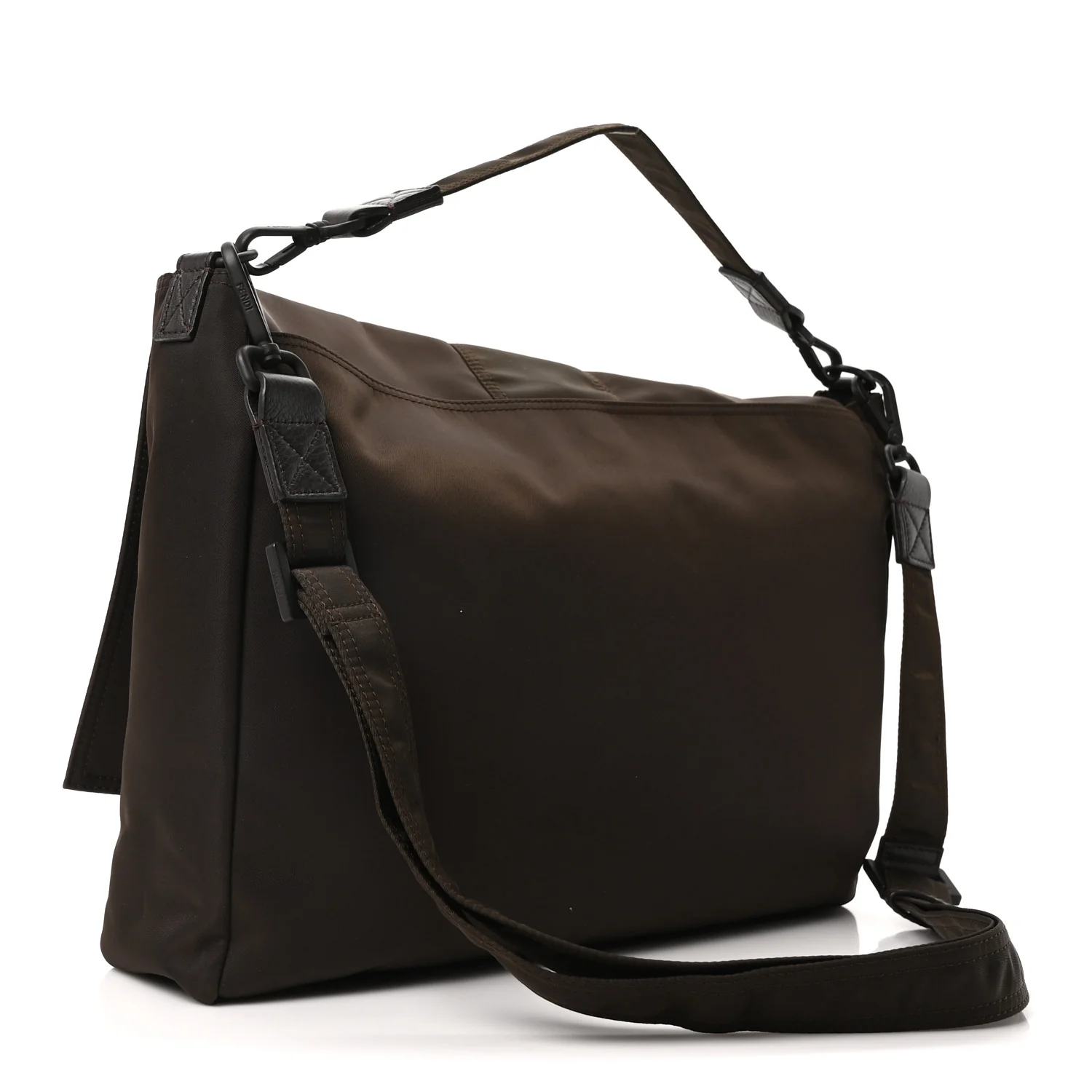 Econyl Nylon Cuoio Romano Monochrome Large Baguette Messenger Bag Ebano - Image 3