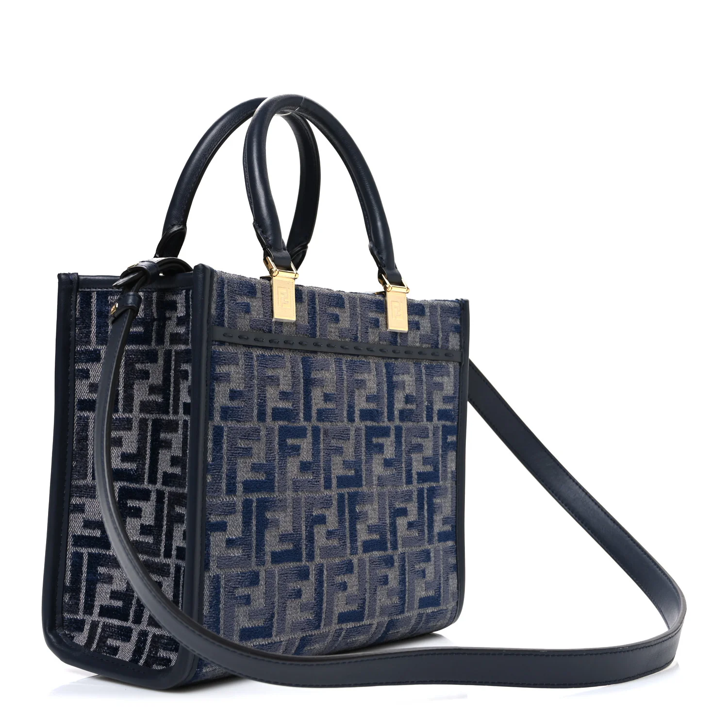 Fabric Jacquard FF 1974 Logo Small Fendi Sunshine Shopper Tote Blue Grigio - Image 3