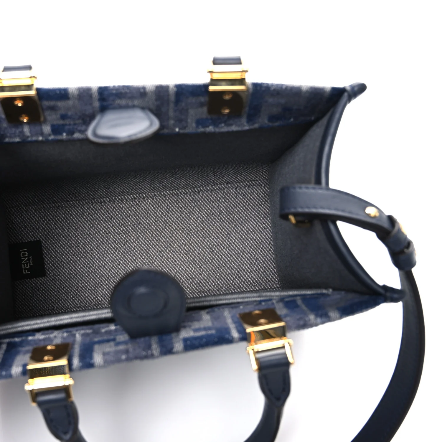 Fabric Jacquard FF 1974 Logo Small Fendi Sunshine Shopper Tote Blue Grigio - Image 5