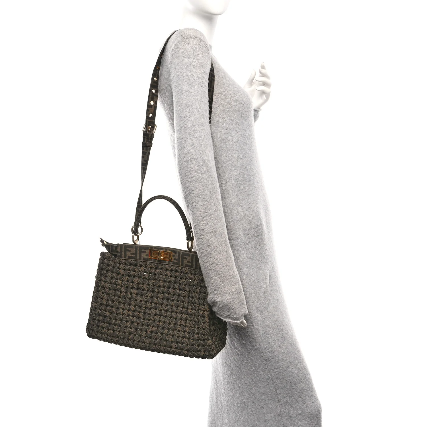 Fabric Jacquard FF 1974 Woven Knotted Medium Peekaboo Iconic Satchel Tobacco Moro - Image 2