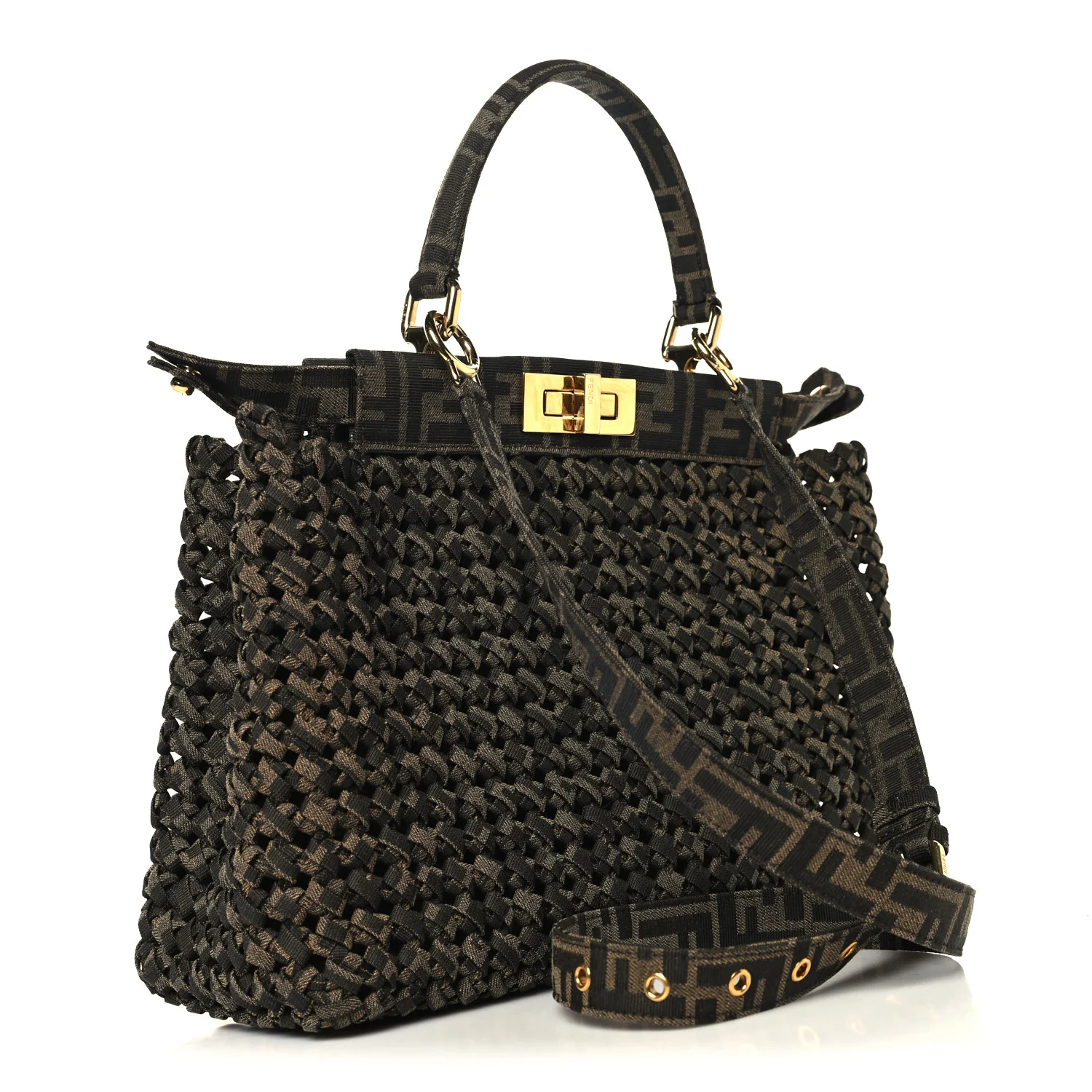 Fabric Jacquard FF 1974 Woven Knotted Medium Peekaboo Iconic Satchel Tobacco Moro - Image 3