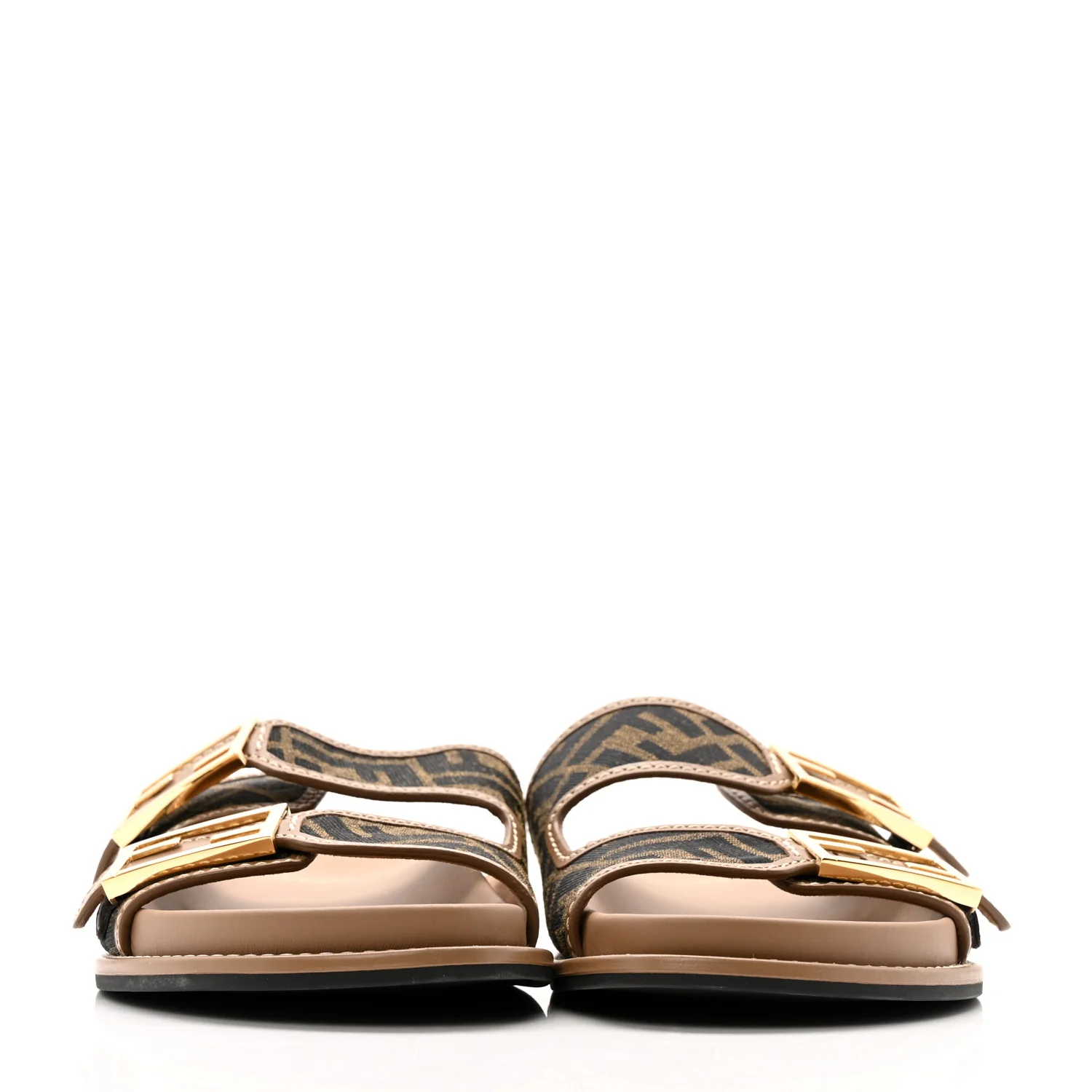 Fabric Jacquard Nappa FF Womens Fendi Feel Buckled Slide Sandals 40 Tobacco Black Miele Scuro - Image 3